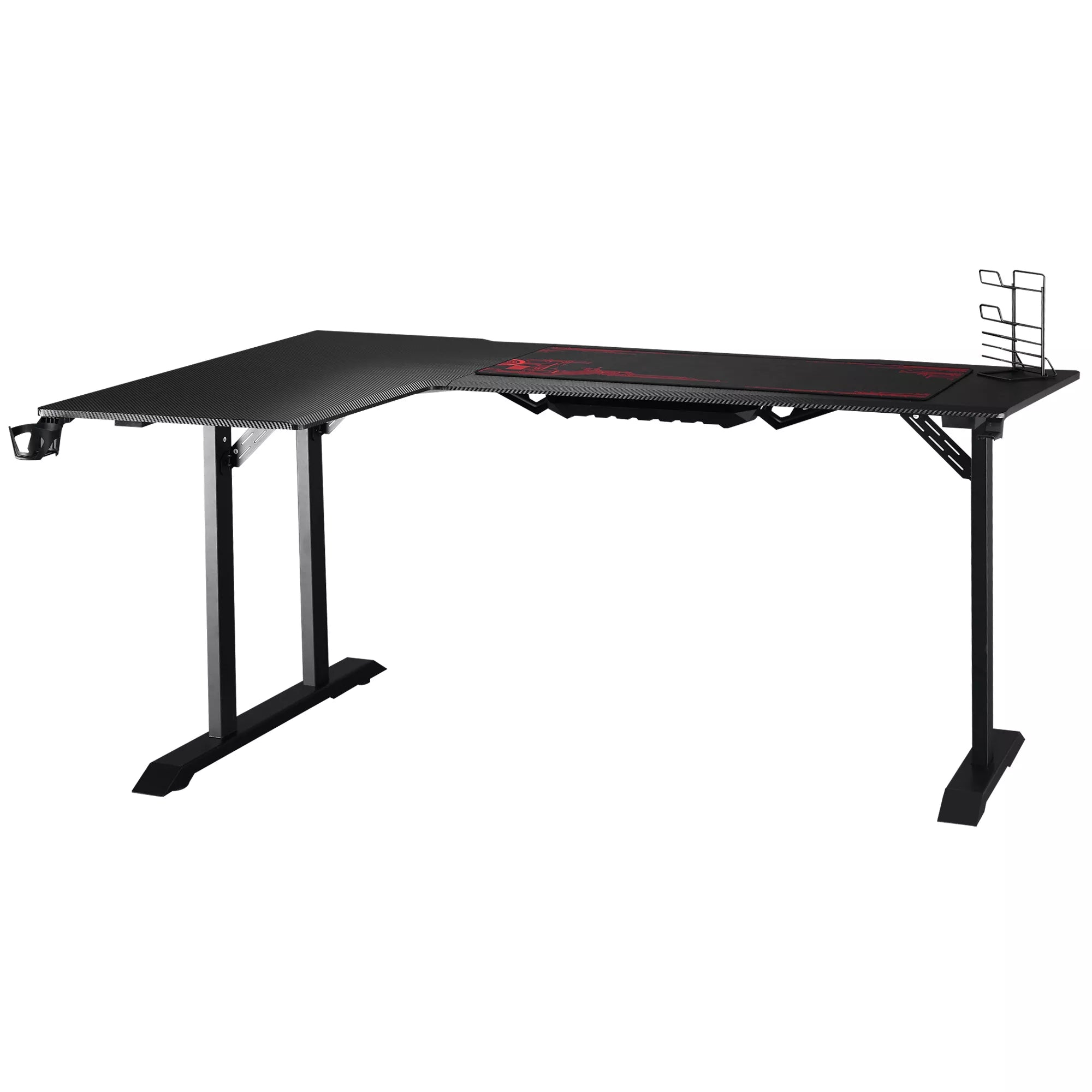Žaidimų stalas, L formos rašomasis stalas su ausinių laikikliu, puodelio laikikliu, kompiuterio stalas, MDF metalas, juoda+raudona, 168 x 109 x 78 cm