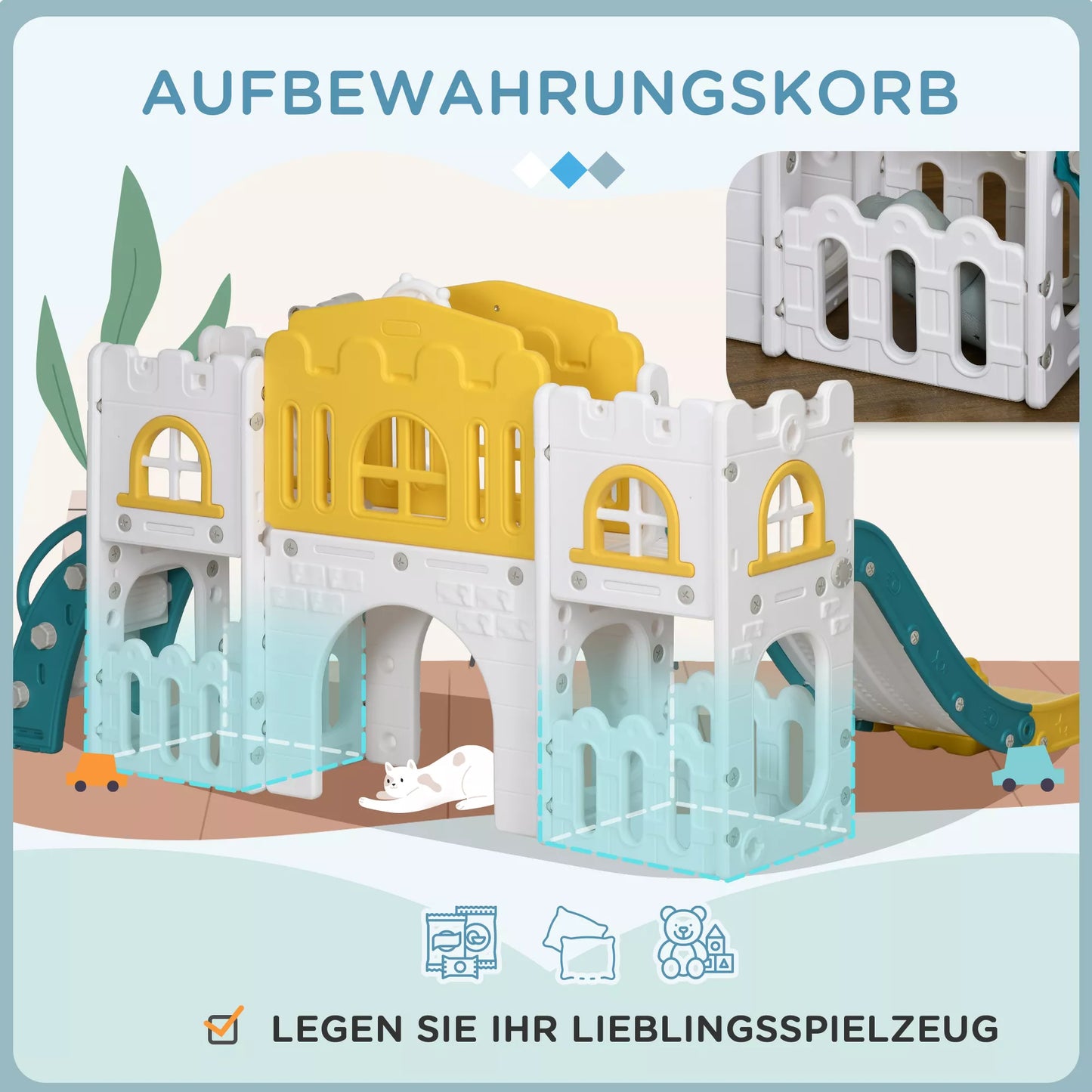 Vaikiška čiuožykla, 7 viename žaidimų kompleksas, su krepšinio lenta ir vairu, 1-3 metų vaikams, 178x177x99cm, Geltona/Balta/Žalia