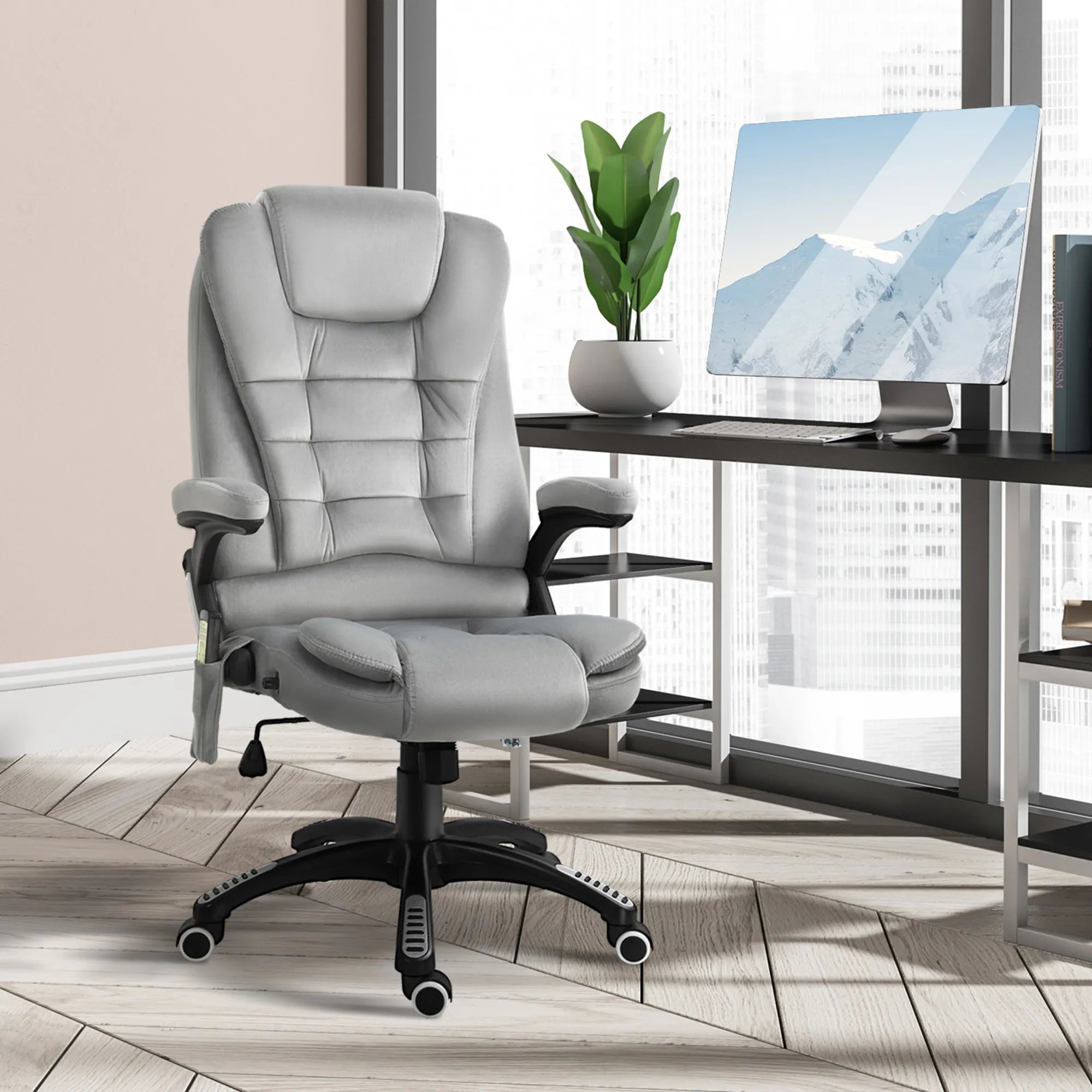 Biuro kėdė su masažo funkcija Ergonomiška vadovo kėdė su šildymo funkcija, atlošimo funkcija, supimosi funkcija Reguliuojamas aukštis 360° pasukama Kompiuterio kėdė su šonine kišene, aksomo išvaizda, pilka