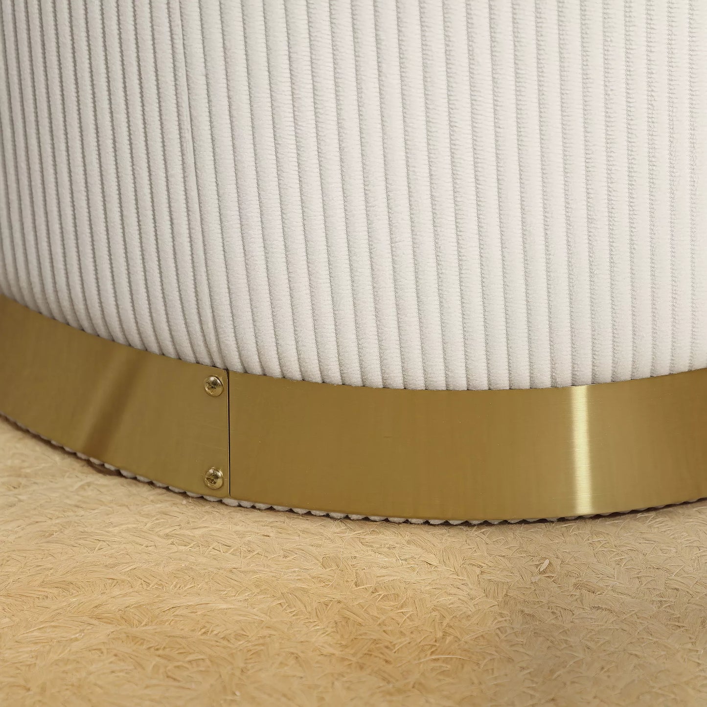 Sėdima taburetė su daiktadėže, sulankstomas pufas su dangčiu, plieniniu pagrindu, apvali taburetė 36 x 36 x 44 cm krembalta