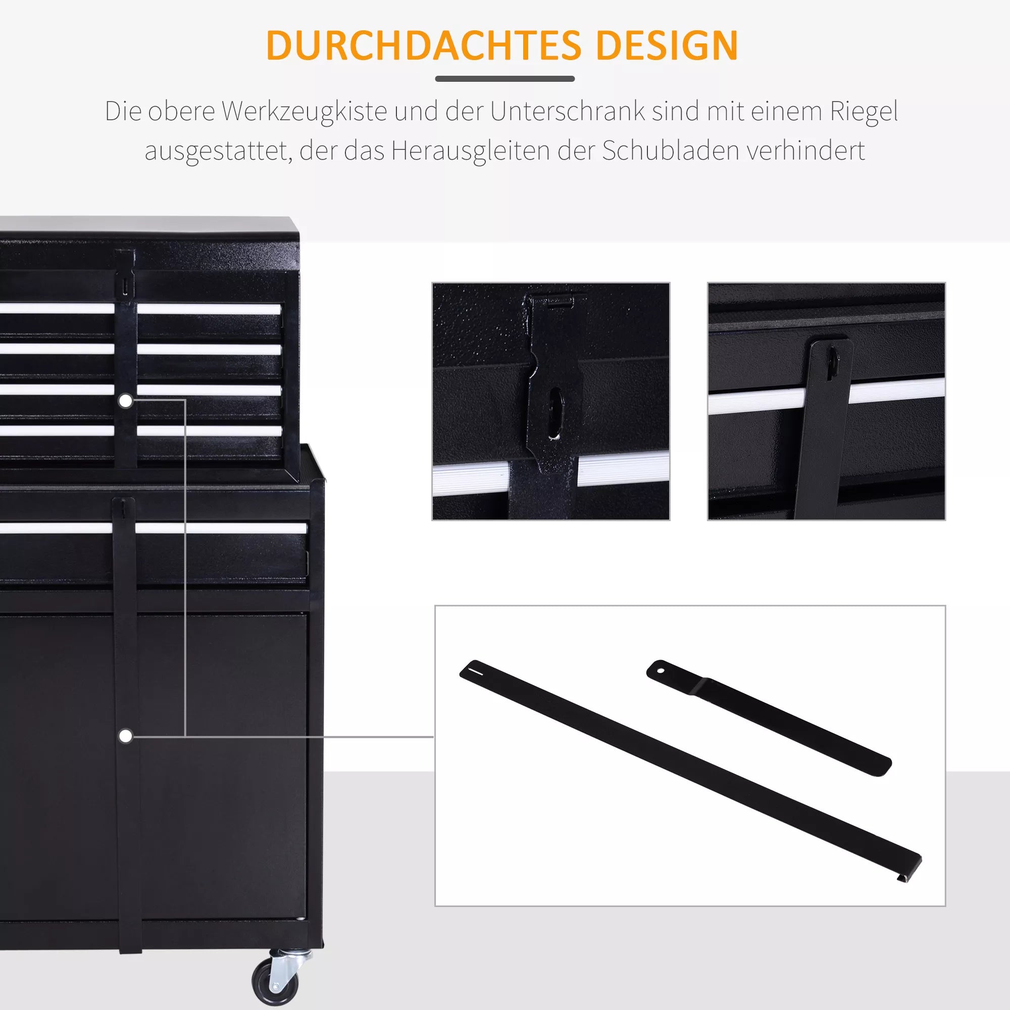 Mechanikė su įrankiu vežimėliu ir virsuje esanciu įrankiu dėzutu garazo aplinkoje