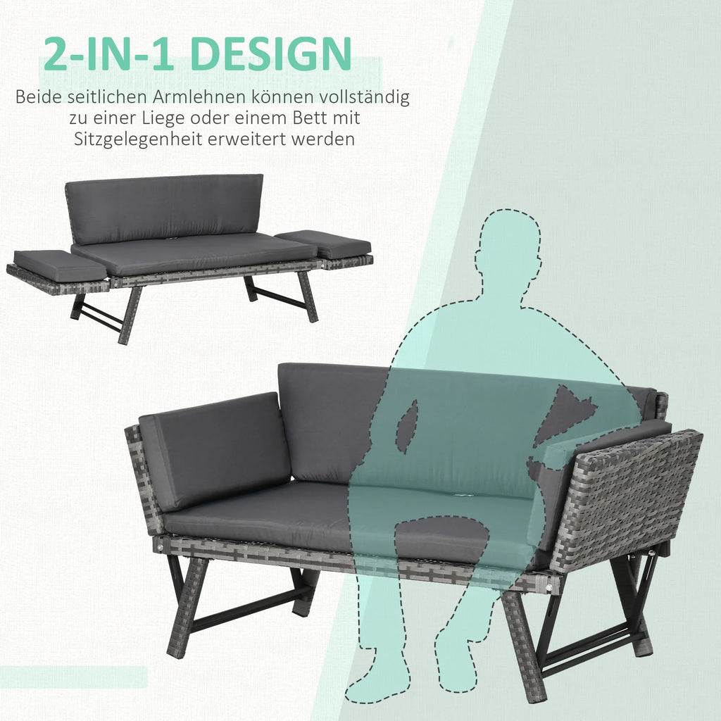 Polyrattan sodo sofa 2 vietų sodo baldai poilsio sofa sodo suolas sodo gultas sulankstomas porankiai plienas pilkos spalvos 129 x 63 x 67 cm