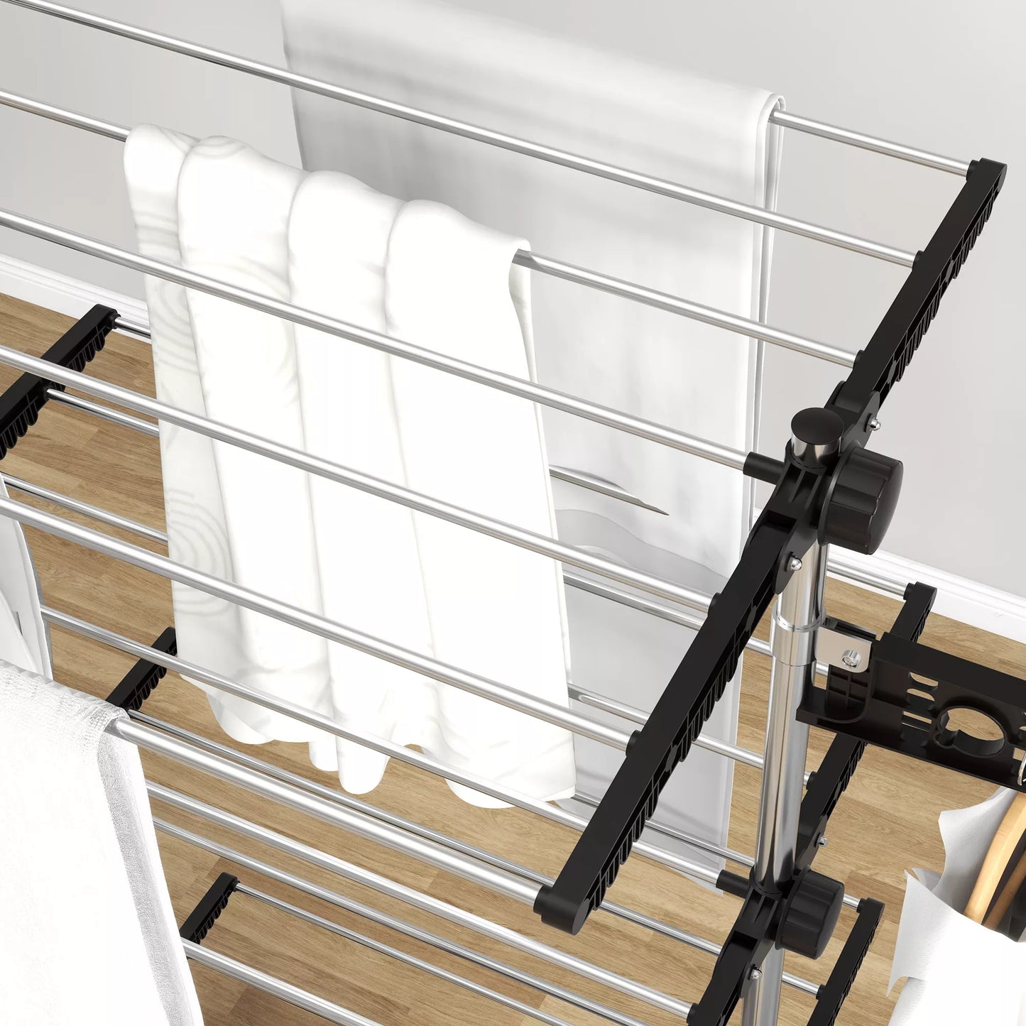 Drabužių džiovykla su 5 lentynomis, sulankstoma, „One-Click“ sistema, 142 cm x 55 cm x 72 cm, juoda + sidabrinė