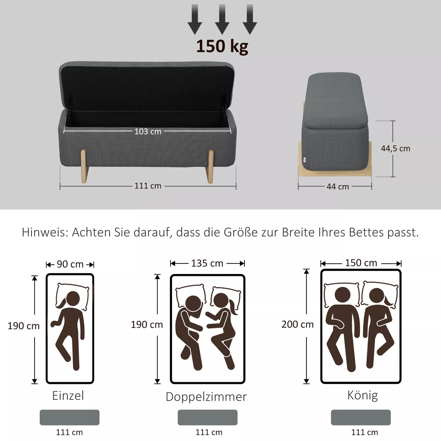 Pufas su daiktadėže, suolas su putplasčio paminkštinimu, dirbtinio lino audinys, 111 x 44 x 44,5 cm, tamsiai pilka