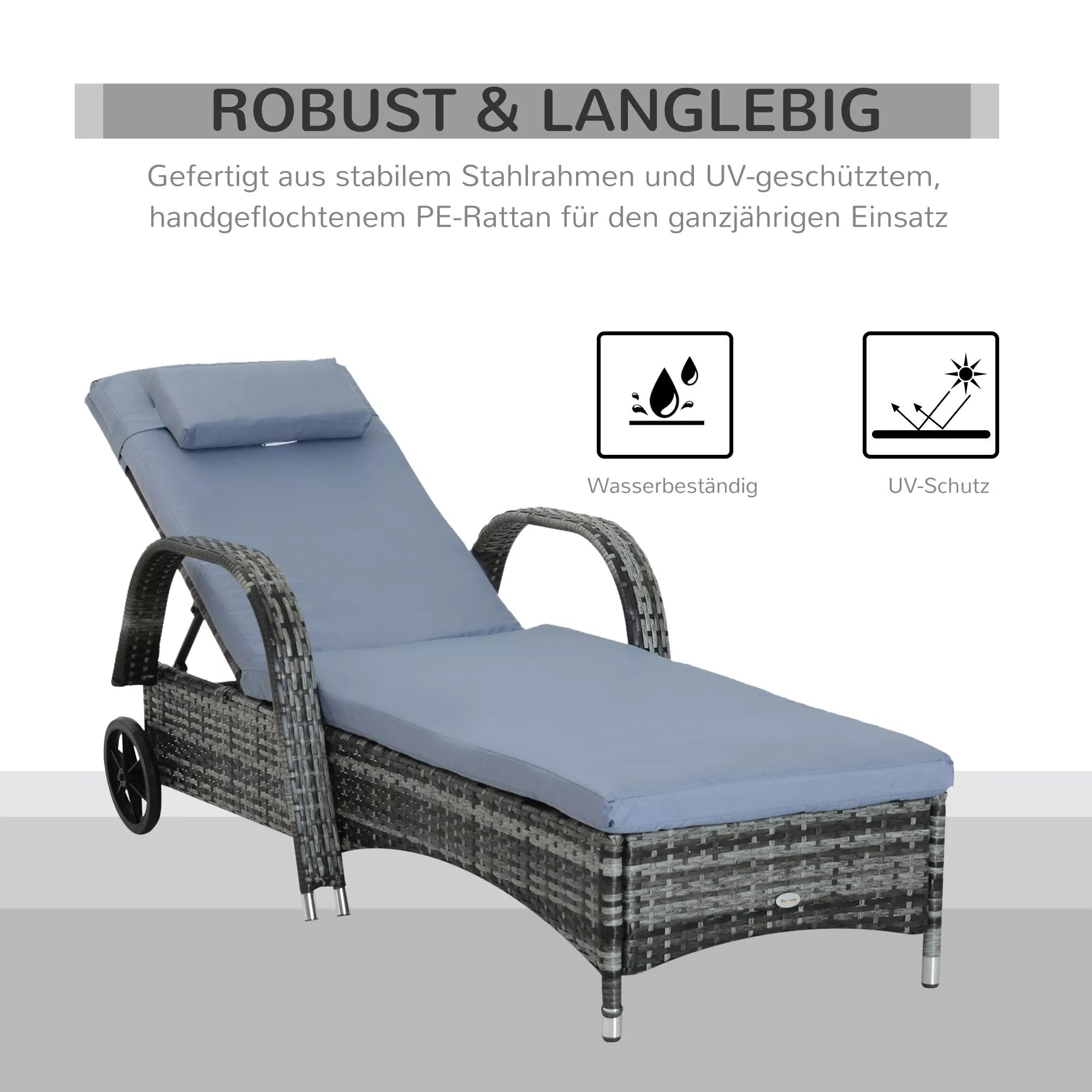 Saulės gultas Polyrattan sodo gultas su 5 pakopų reguliuojamu atlošu, paminkštintu užklotu, ratukais, pagalvėmis, 160 kg apkrova. Poilsio gultas Sodo gultas, 200x73x30-103 cm, pilkos spalvos.