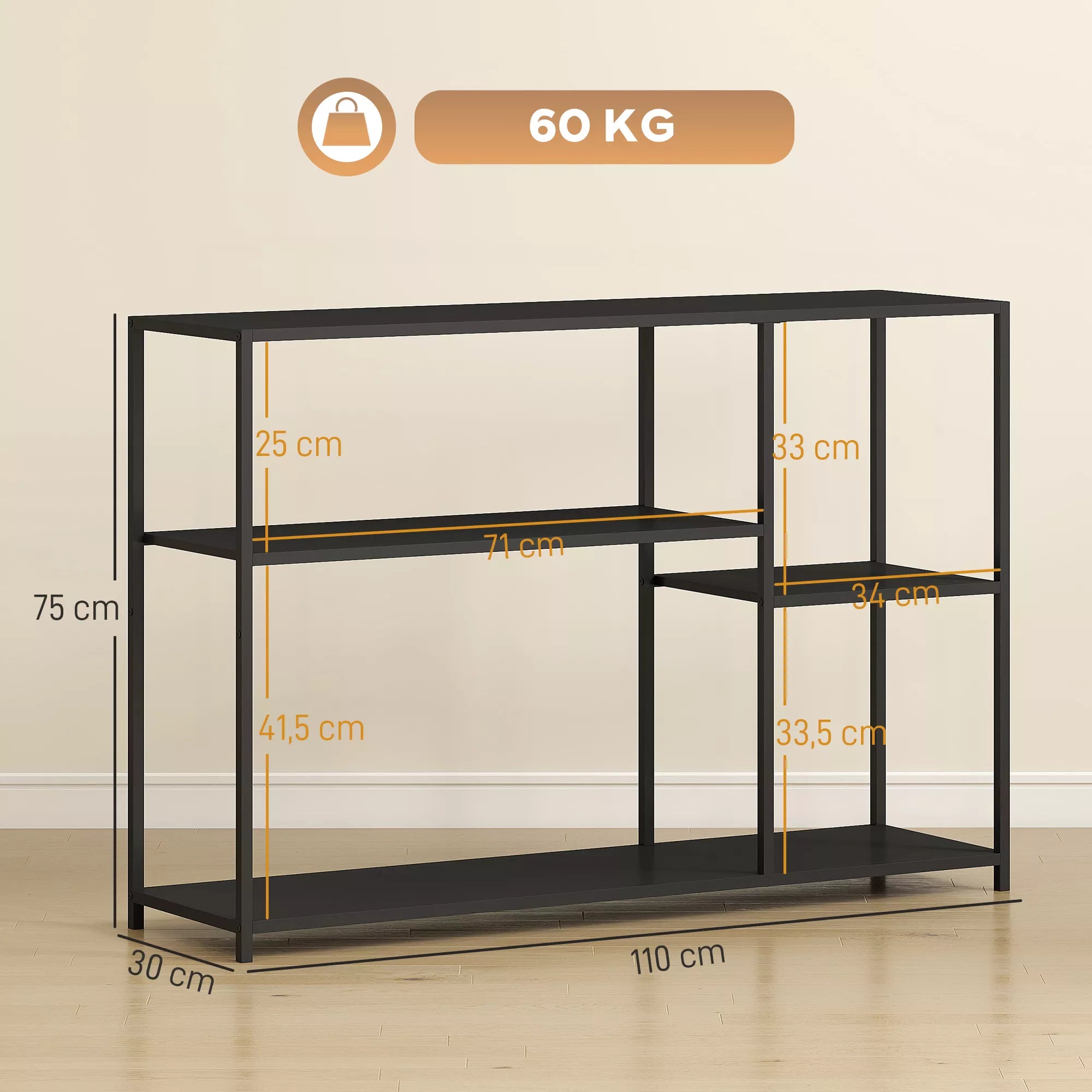 Konsolinis staliukas su lentynomis, 110 x 30 x 75 cm, juodas