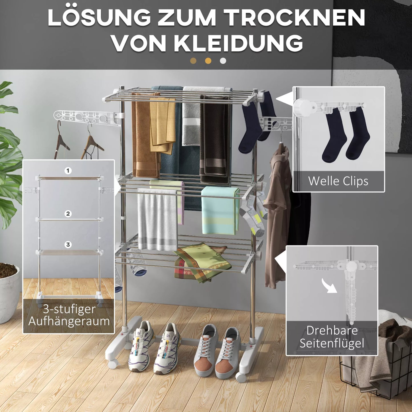 Mobili skalbinių džiovykla, 3 lygmenų, sulankstoma, sidabrinė + balta