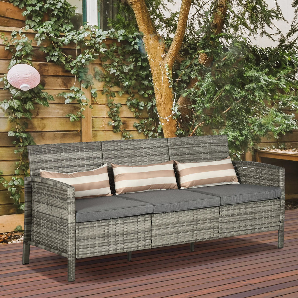 Rotango sofa su pagalvėlėmis, trijų vietų, sodo poilsio sofa, plienas, pilka, 173 x 68 x 78 cm