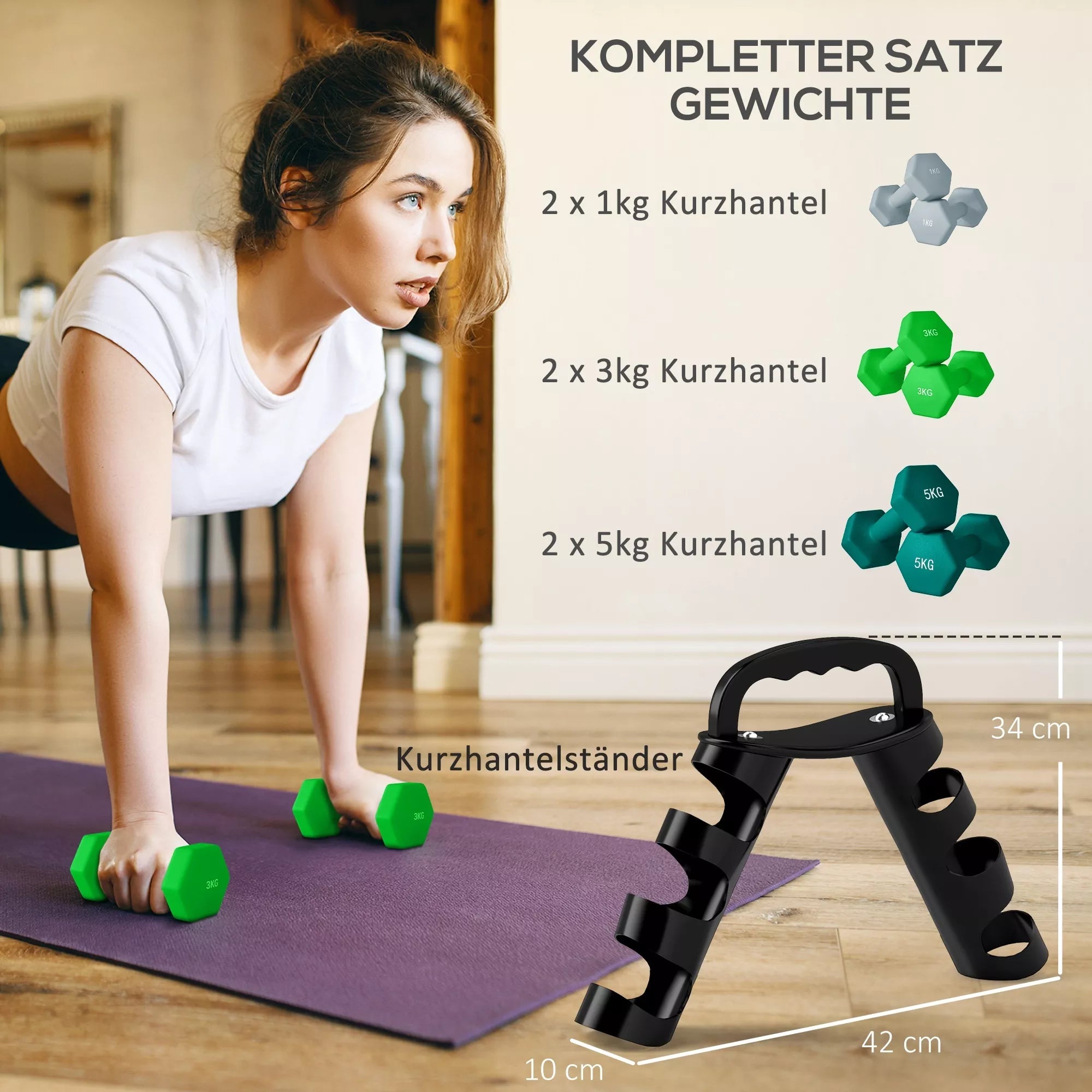 Hantelų rinkinys su laikymo stovu, rinkinys su 6 hanteliais fitneso treniruotėms, 2 x 1 kg, 2 x 3 kg, 2 x 5 kg