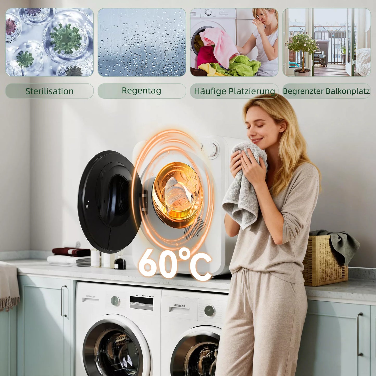 Mini džiovyklė su penkiomis programomis, ventiliacinė būgninė džiovyklė, nerūdijantis plienas, 4 kg, balta