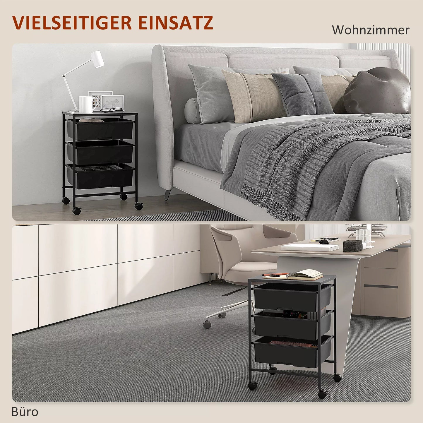 Vežimėlis su ratukais, 3 krepšiai transportavimui ir laikymui, virtuvės vežimėlis, 40,8 ilg. x 33,5 plat. x 60,5 aukšt. cm, juodas