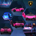 Rožinio Lamborghini automobilio vaizdai iš įvairių pusių