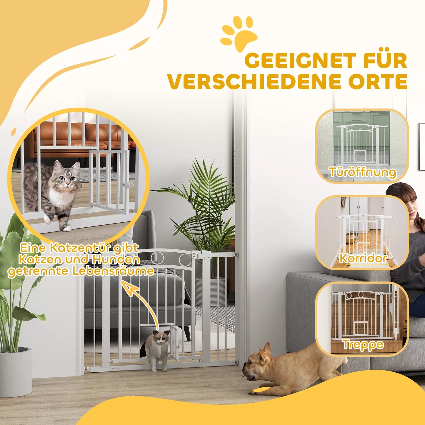 Gyvūnų varteliai, 77 cm laiptų varteliai, reguliuojamas plotis 76-104 cm, su katės durelėmis, skirti laiptams ir durų angoms, balti