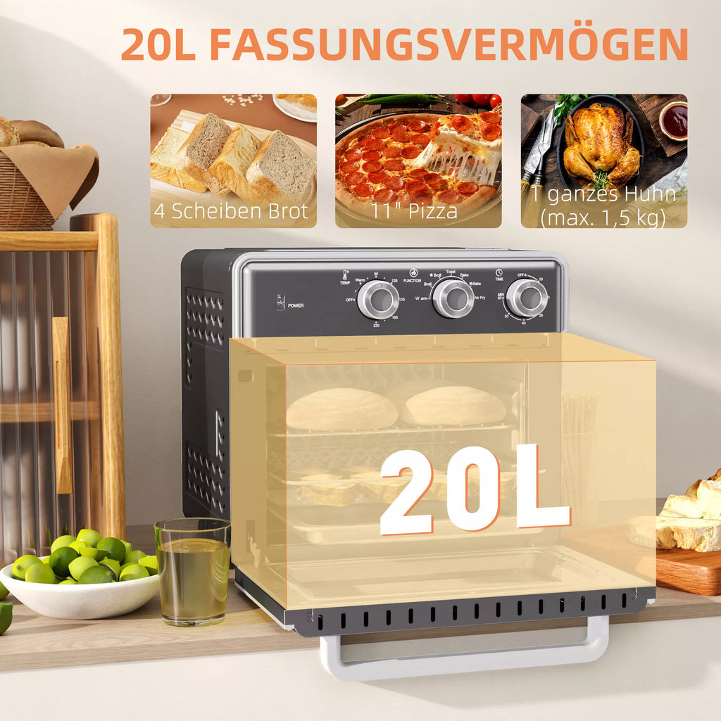 Mini orkaitė, 20 L, 5 funkcijos, 360° karštas oras, grotelės, skardos dėklas, pilka