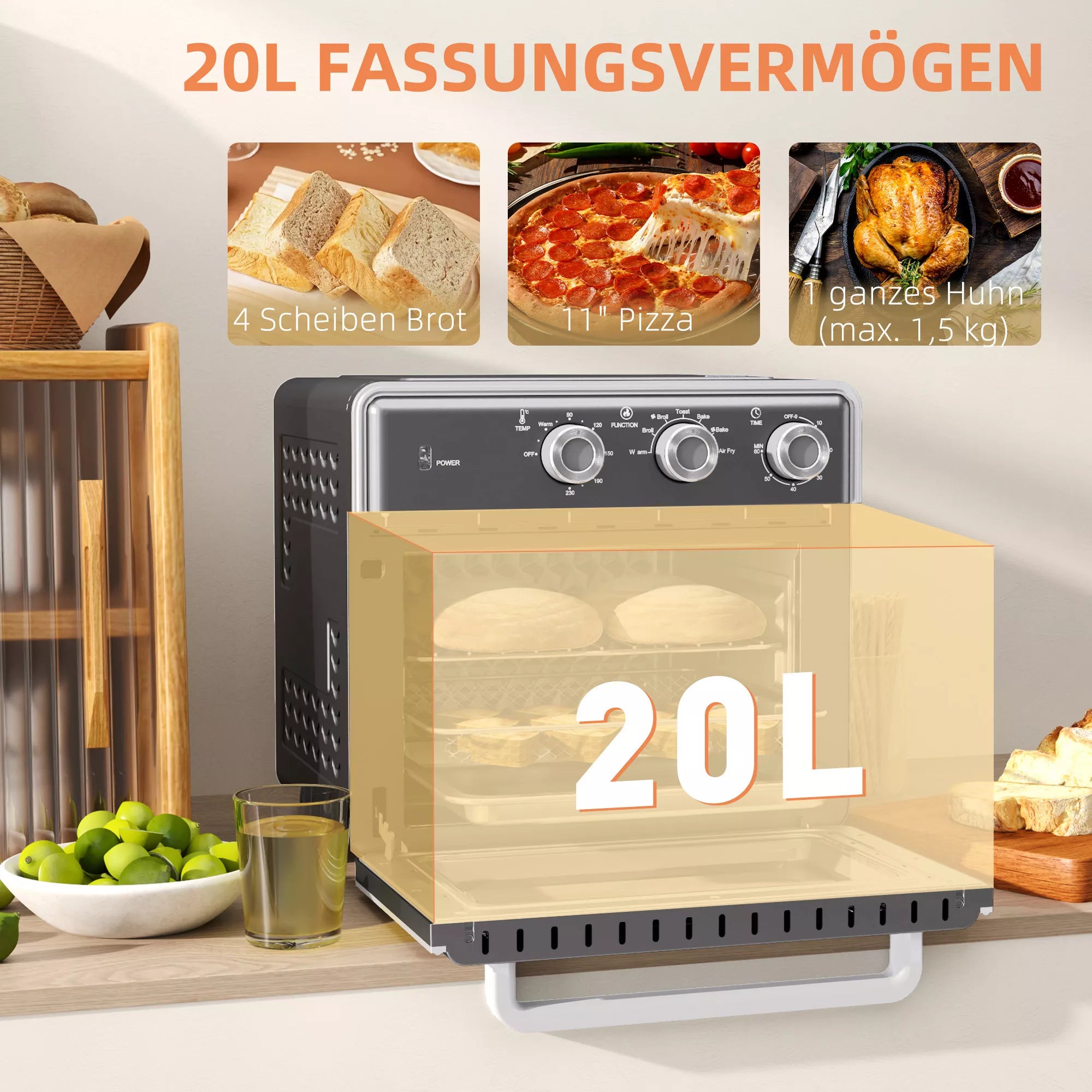 Mini orkaitė, 20 L, 5 funkcijos, 360° karštas oras, grotelės, skardos dėklas, pilka
