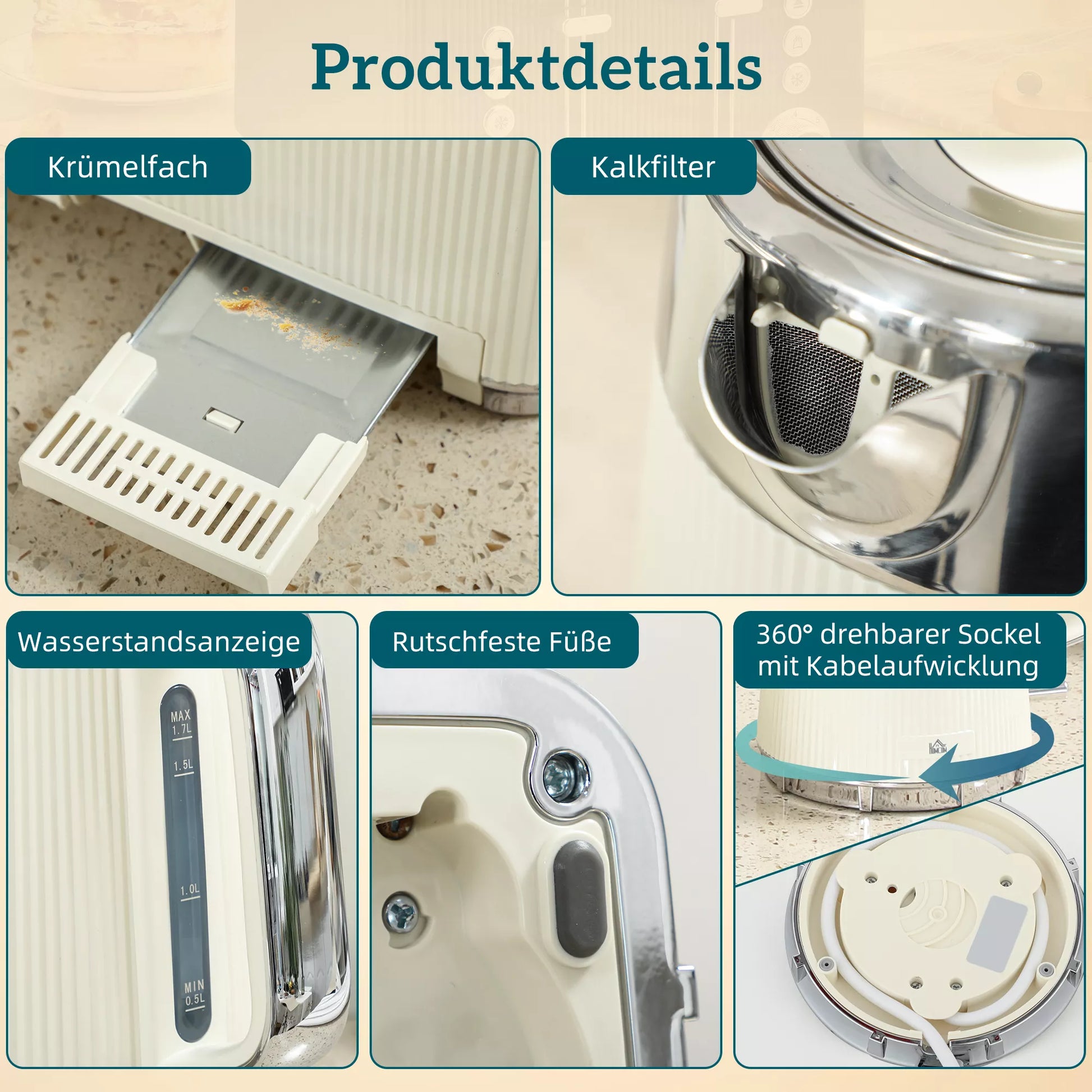 2200 W, 1,7 l virdulys su greito virimo funkcija, kalkių filtru ir 4 riekelių skrudintuvu su 7 skrudinimo lygiais, kreminės baltos spalvos