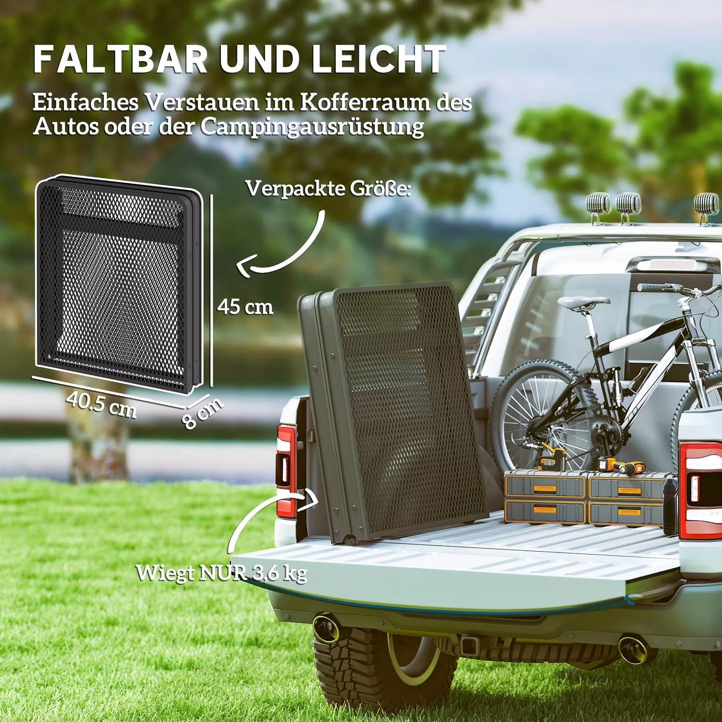 Sulankstomas aliumininis stovyklos staliukas, reguliuojamo aukščio, su metaliniu groteliu