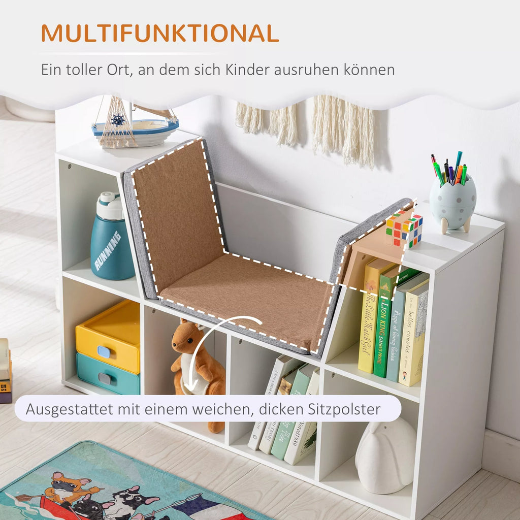 2-in-1 vaikų lentynos lentynos + suoliukas su pagalvėlėmis 103 cm × 30 cm × 62 cm Balta + Pilka
