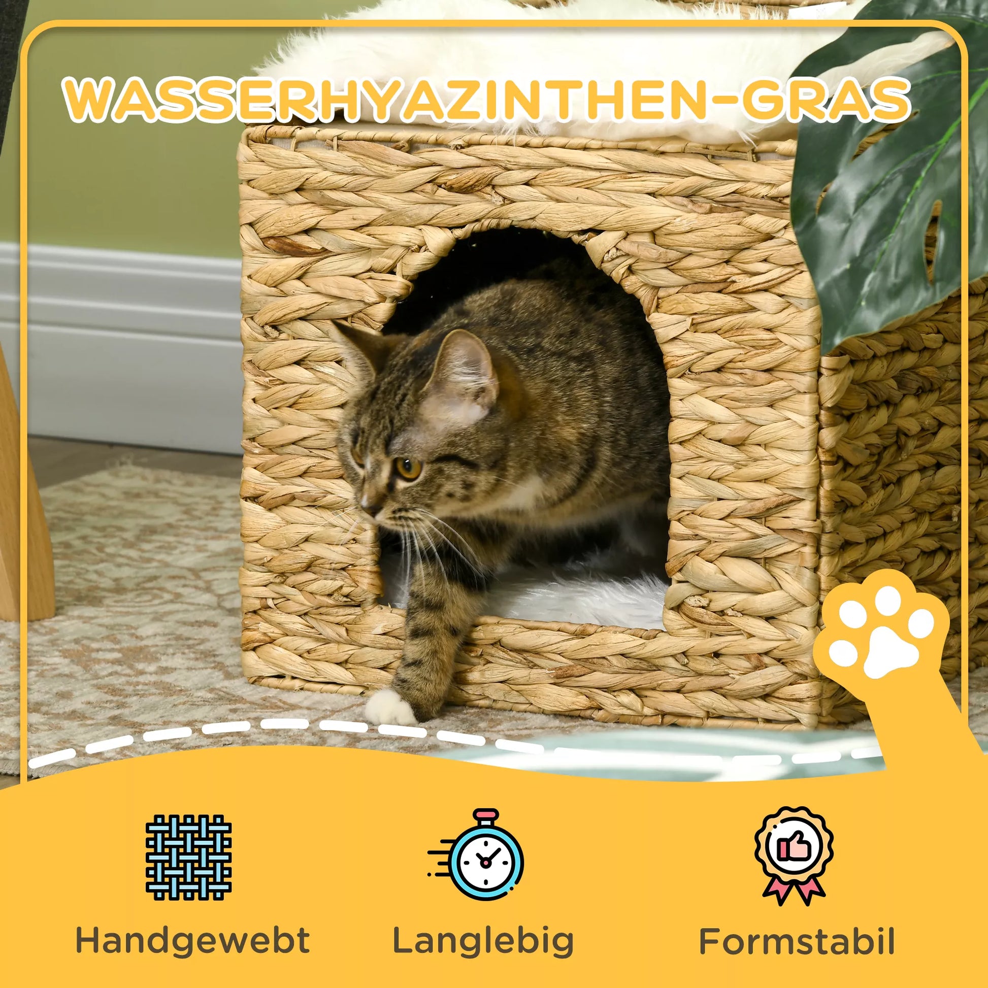 Katės guolis iš vandens hiacintų žolės, 2 gulimosios vietos, 2 skalbiami pagalvėlės, natūralus + baltas