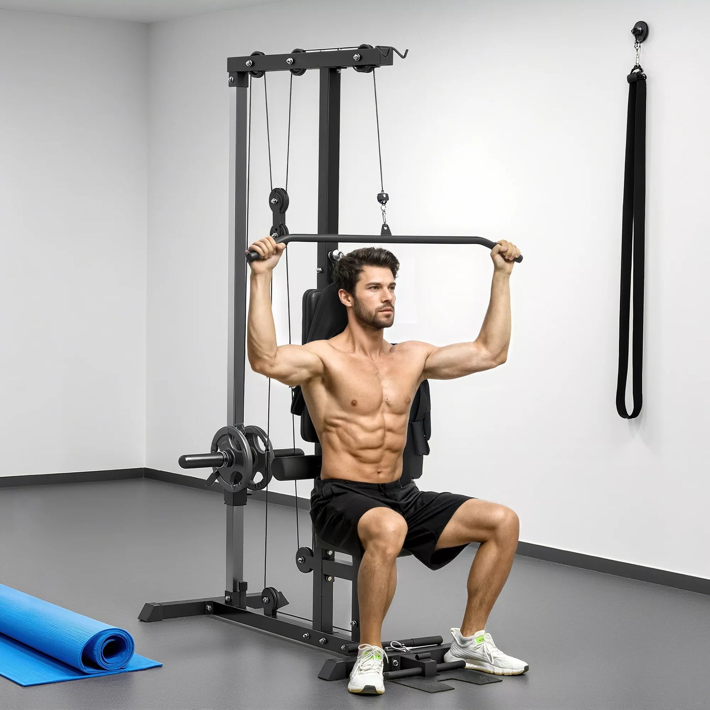 Jėgos stotis namams, irklavimo treniruotės, be svorių, sporto įranga namams, plienas, dirbtinė oda, juoda