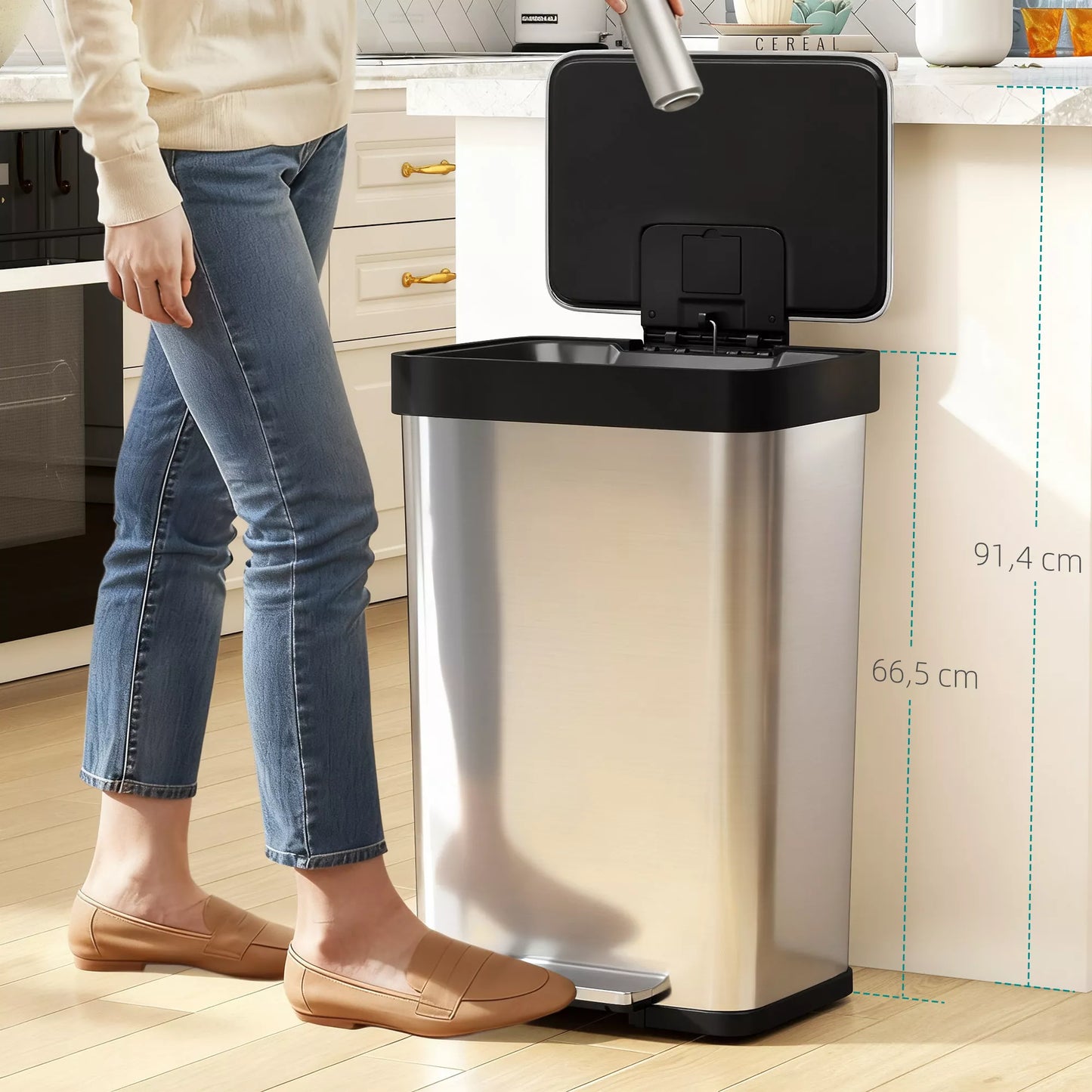 60 l šiukšliadėžė su pėdos pedalu, nerūdijančio plieno šiukšliadėžė su švelniai uždaromu dangčiu, sidabrinės spalvos