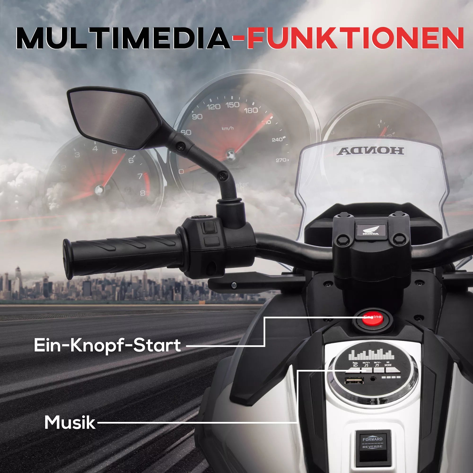Elektrinis vaikų motociklas, Honda, 3 km/h, muzika ir šviesa, 3–6 metai, iki 30 kg, baltas