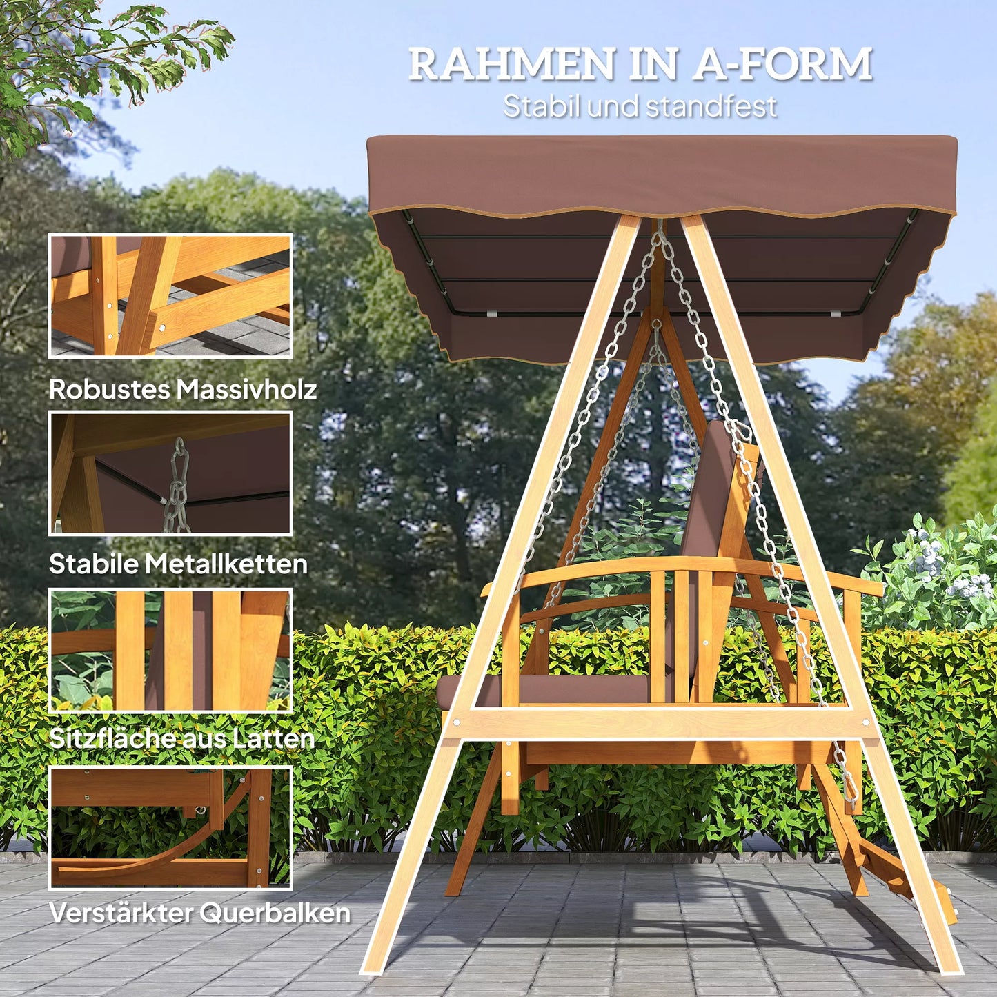 Lauko, sodo  sūpynės su saulės stogu, natūralaus medžio sodo sūpynės, sūpynės su atlošimo funkcija, 3 asmenims, rudos spalvos