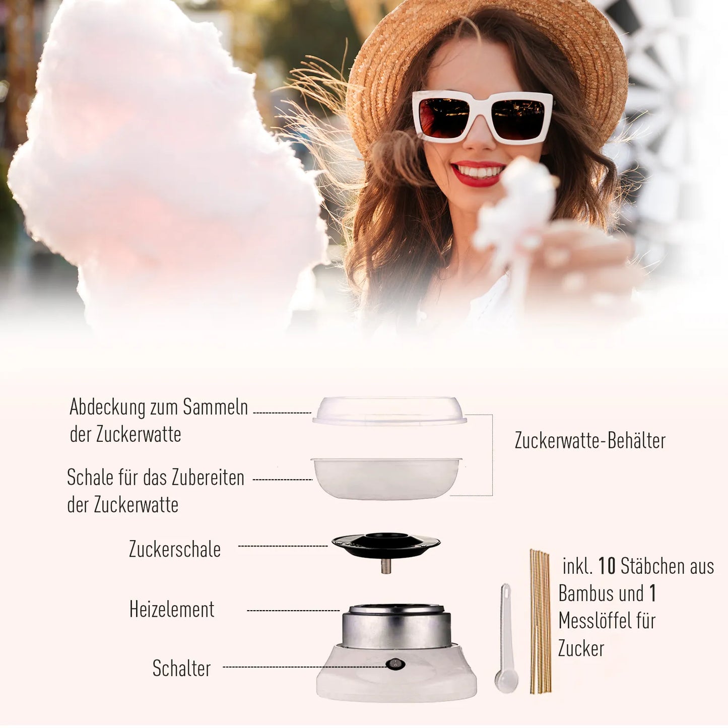 Cukraus vatos aparatas namams Cotton Candy Machine Cukraus vatos aparatas su lazdelėmis ir matavimo šaukštu Aukštis 18 cm 550 W Vaikų šventėms, gimtadieniams, vakarėliams Balta