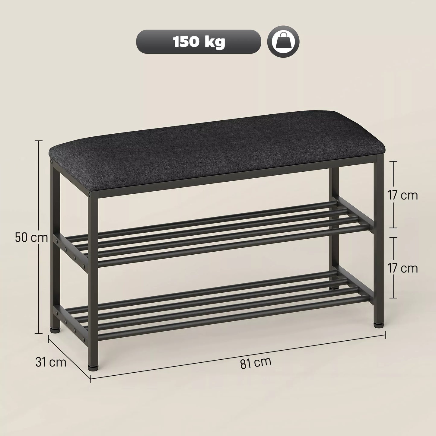 Batų spintelė su sėdimoji vieta, suoliukas su daiktų laikymo vieta, batų lentynos su 2 atviromis lentynomis, suoliukas 81 x 31 x 50 cm Juoda