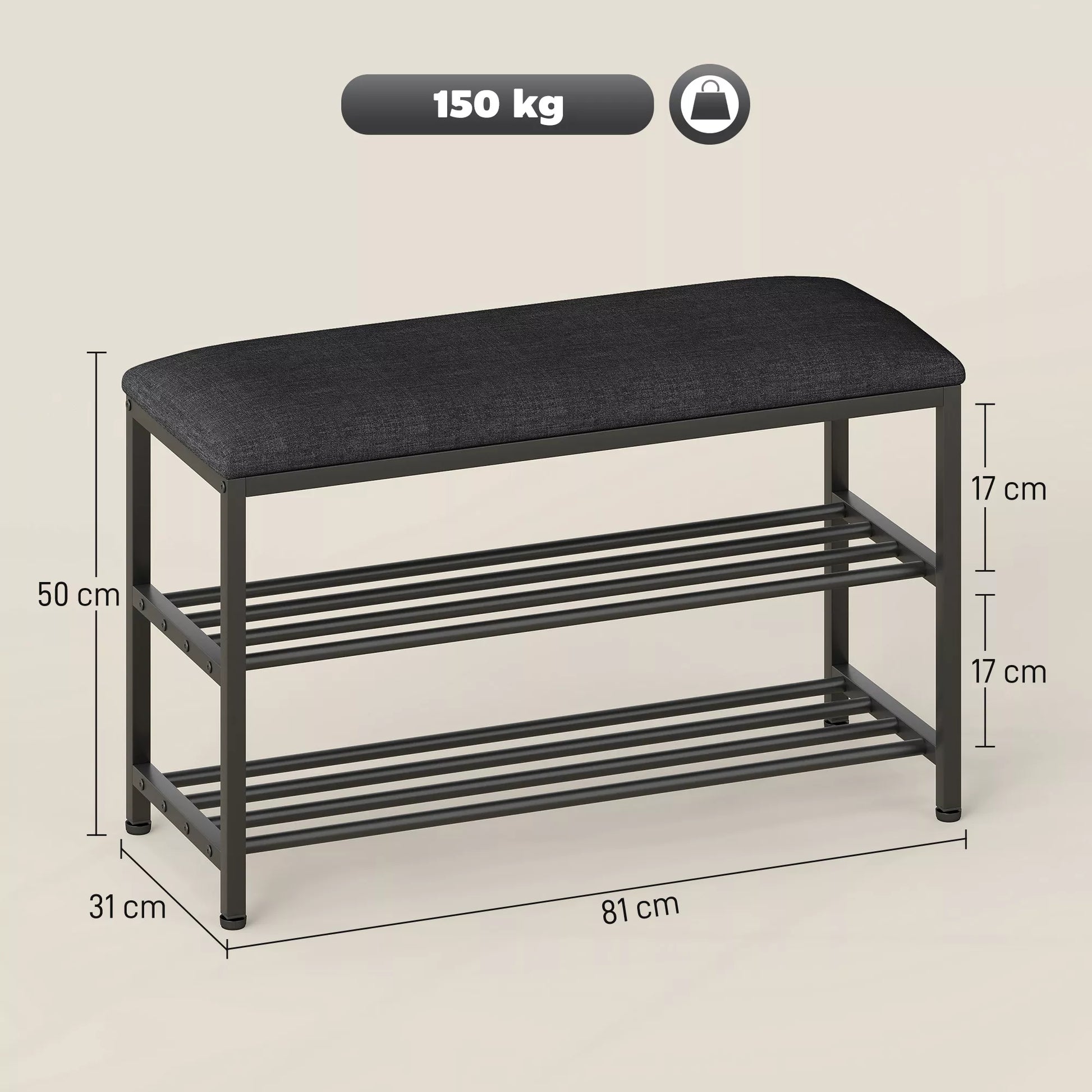 Batų spintelė su sėdimoji vieta, suoliukas su daiktų laikymo vieta, batų lentynos su 2 atviromis lentynomis, suoliukas 81 x 31 x 50 cm Juoda