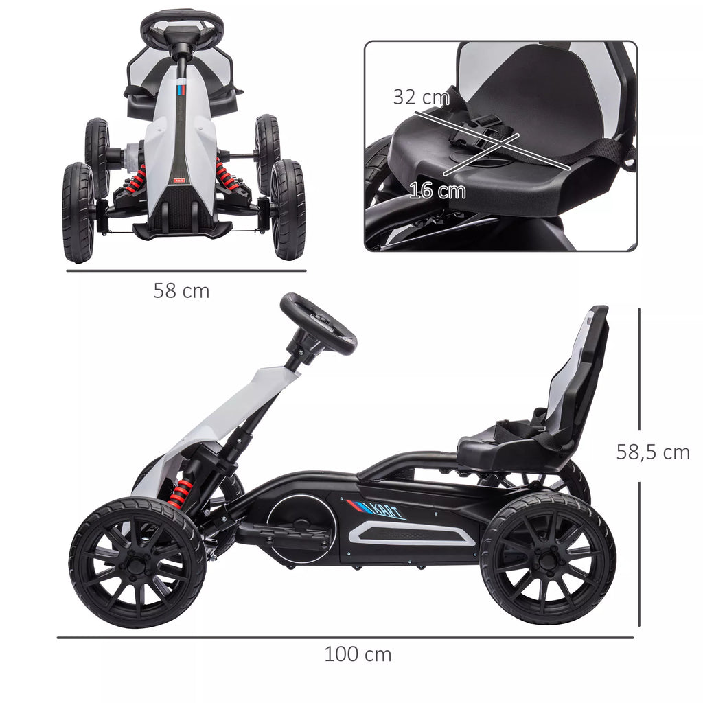 Go-Kart vaikams, elektrinis kartas, iki 5 km/h, saugos diržas, sėdynė su atlošu, plastikas, metalas, balta spalva