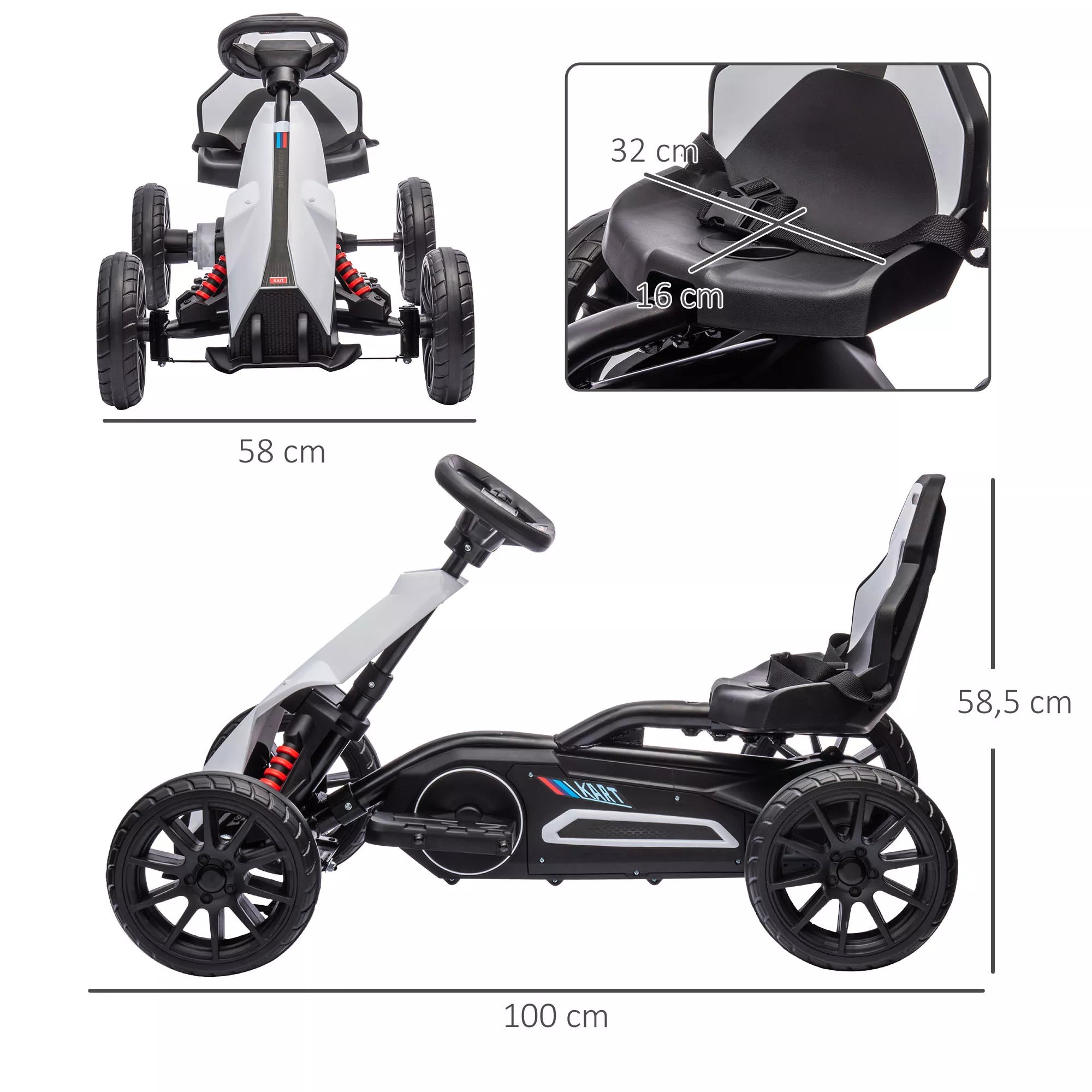 Go-Kart vaikams, elektrinis kartas, iki 5 km/h, saugos diržas, sėdynė su atlošu, plastikas, metalas, balta spalva