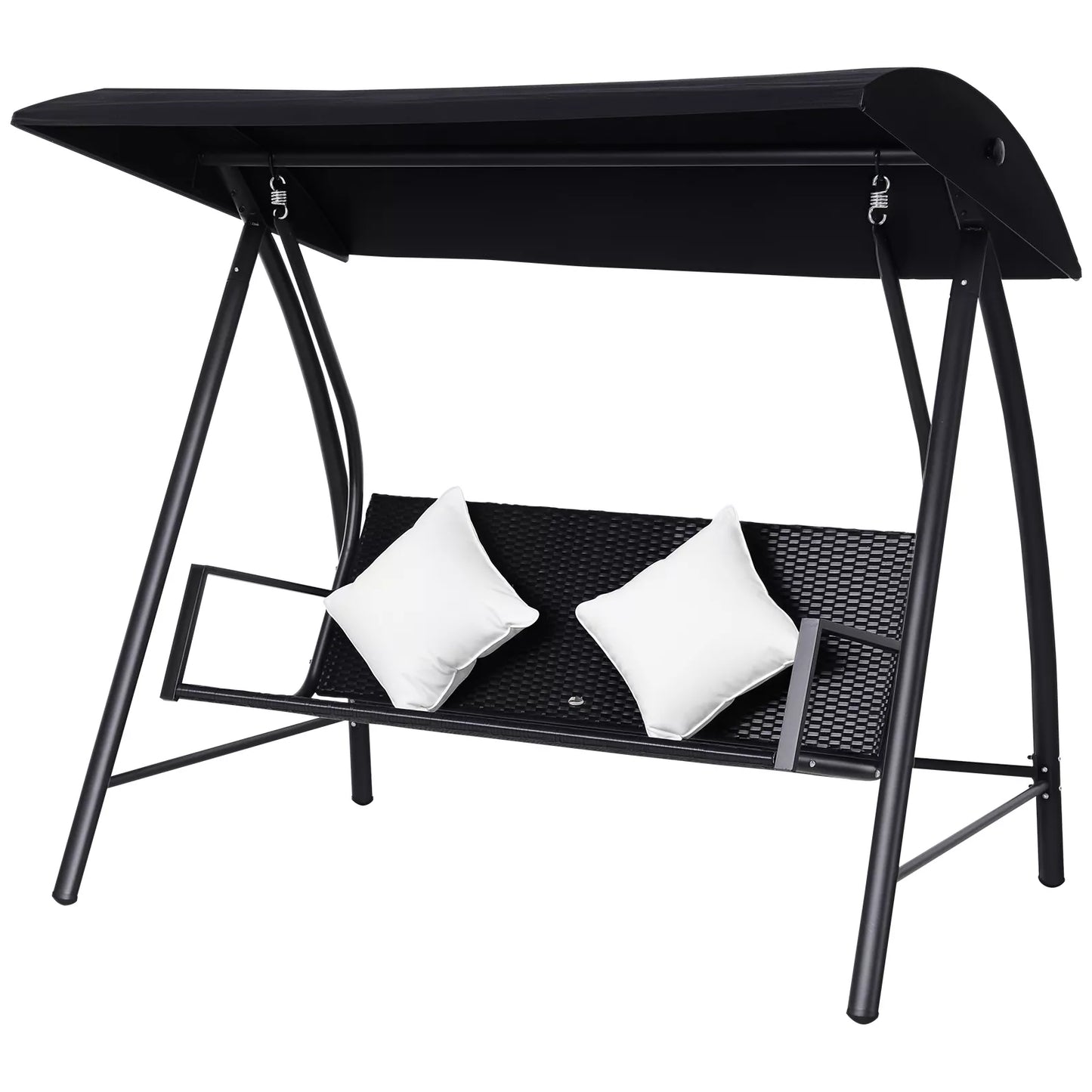 3 vietų poliratano ir metalo holivudinis suoliukas-supynės su pagalvėlėmis, atlaiko iki 360 kg, naujas (juodas)