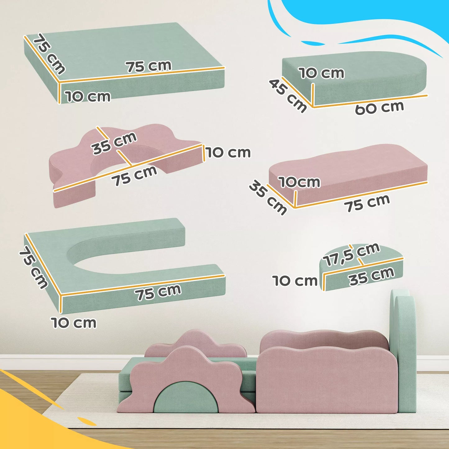 12 dalių putplasčio blokų rinkinys laipiojimui, statyboms, ropojimui, vidinėms žaidimų aikštelėms su corduro audinio užvalkalu, žalia+rožinė
