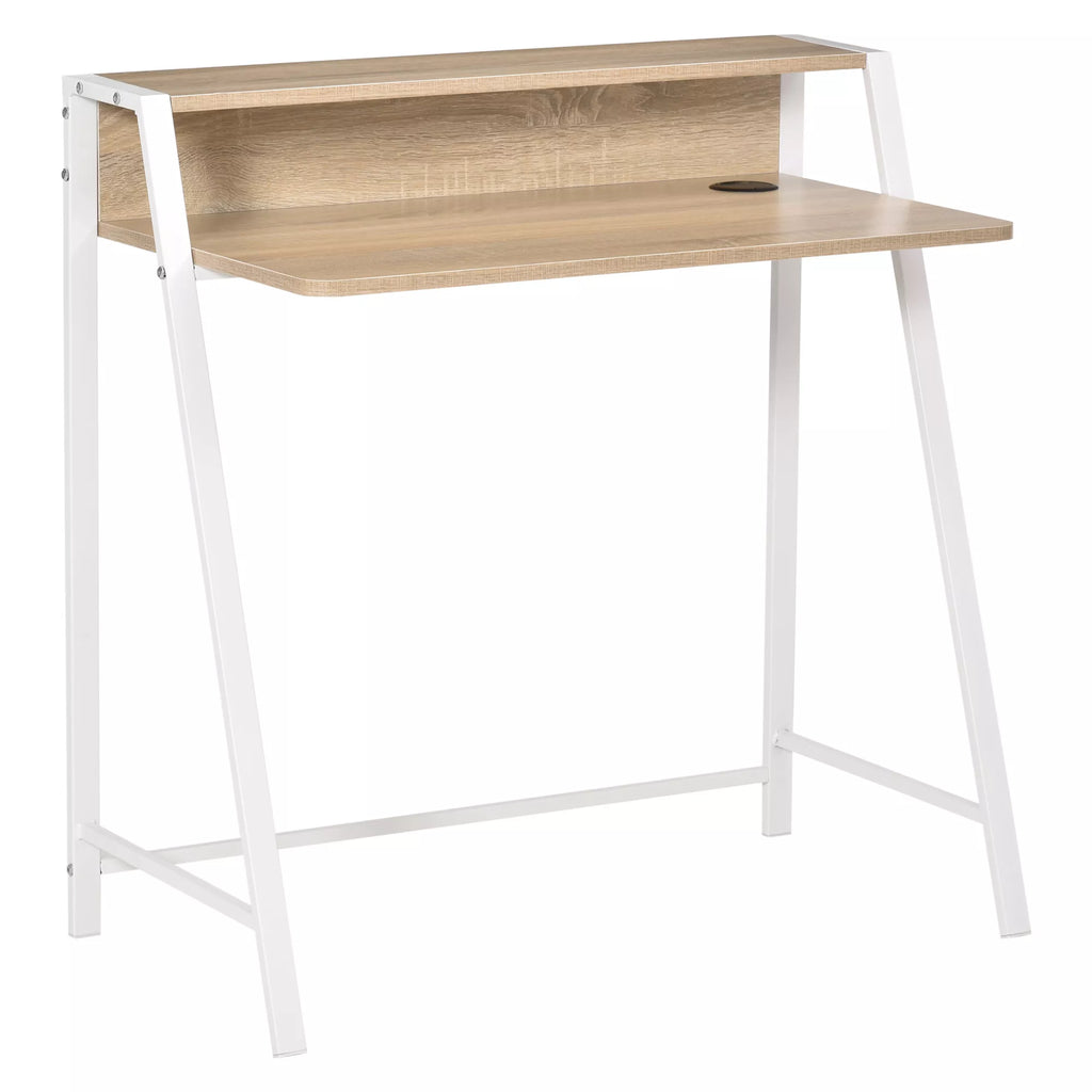 Rašomasis stalas su lentyna ir kabelių tvarkymo sistema 84x45x85 cm, baltas/ąžuolo