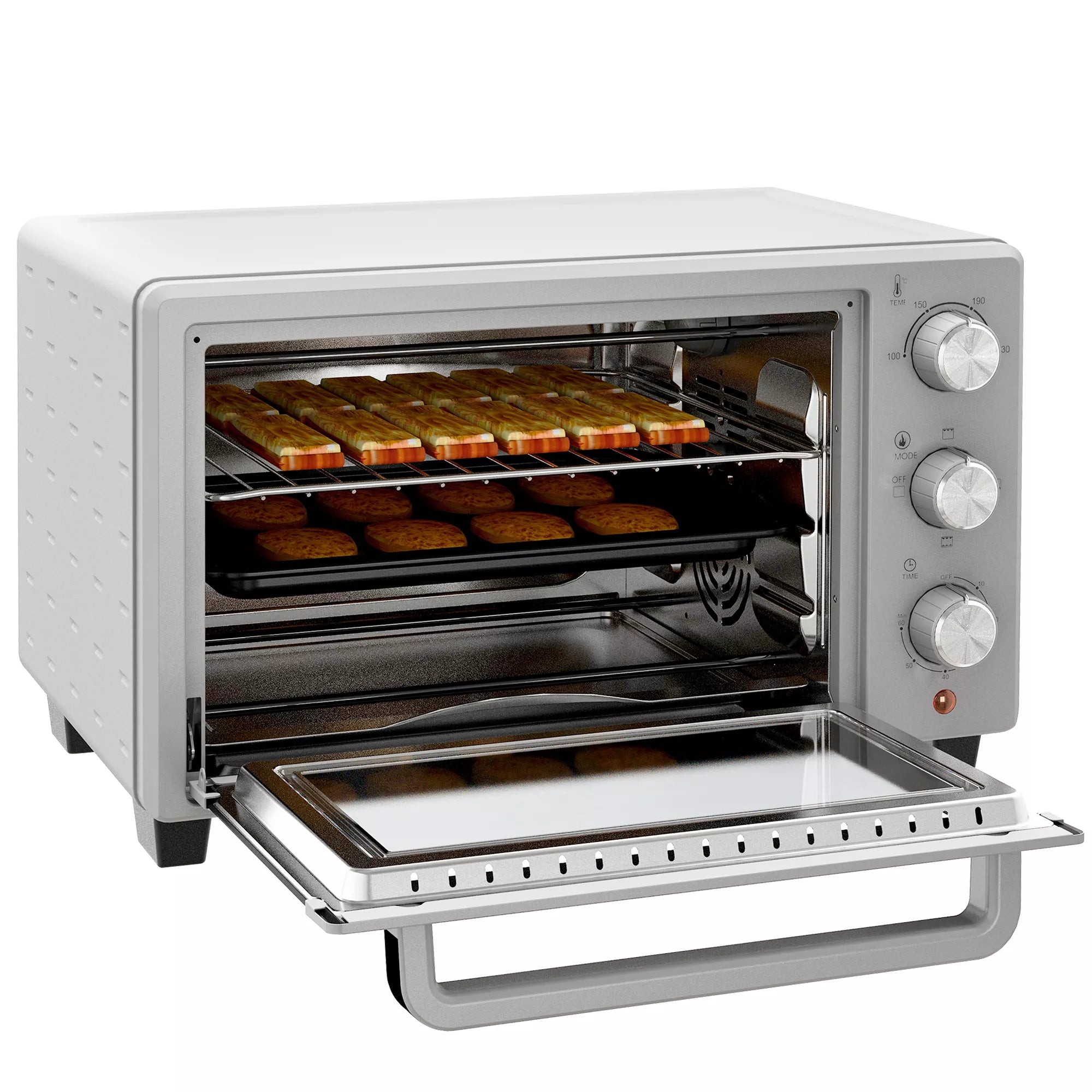 Mini orkaitė, 21 l Tosteris su 1 vieliniu grotelių rėmu ir 1 kepimo skarda, 3 kepimo režimai, 100 °C–230 °C, nerūdijantis plienas, stiklas, sidabras