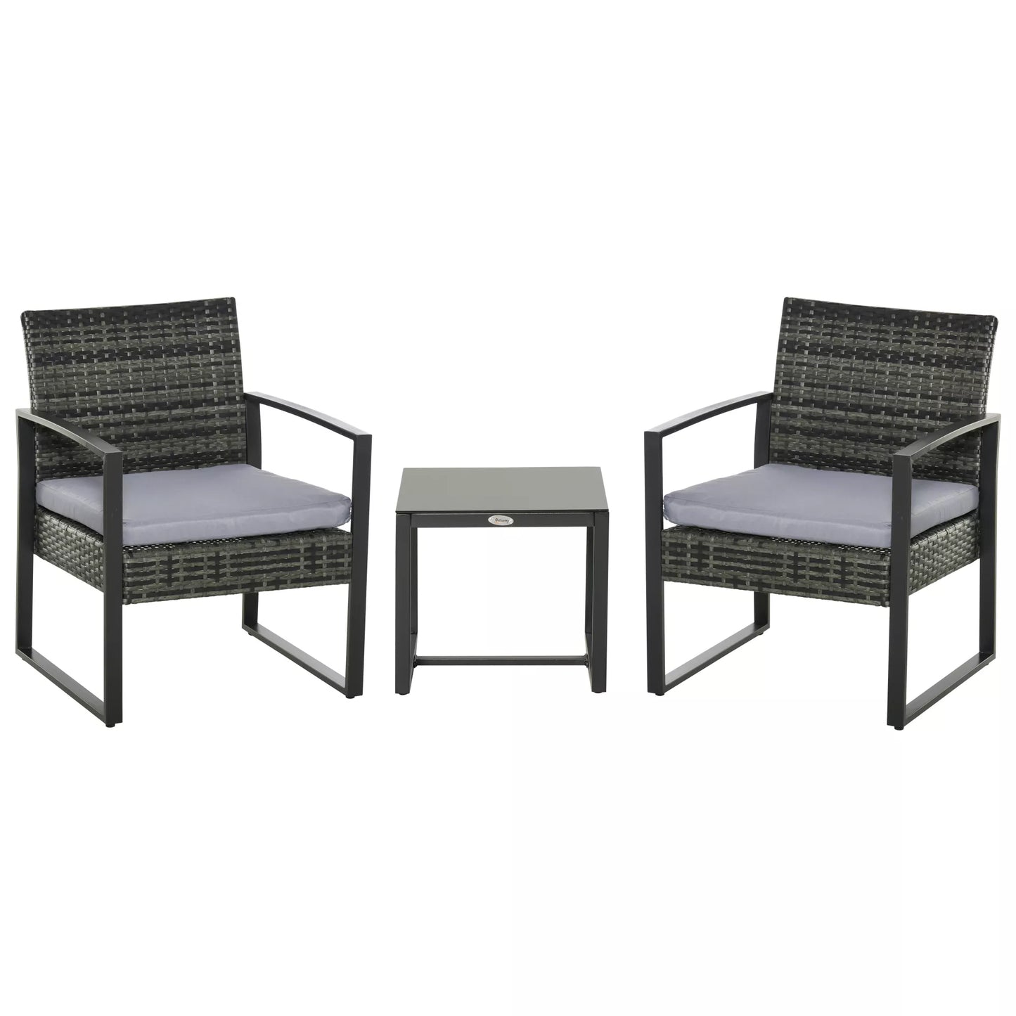 Rotango sodo baldų komplektas 2 asmenims, poliratano lauko baldų komplektas, balkono baldų komplektas su pagalvėlėmis, pilkos spalvos