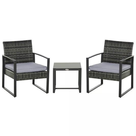 Rotango sodo baldų komplektas 2 asmenims, poliratano lauko baldų komplektas, balkono baldų komplektas su pagalvėlėmis, pilkos spalvos