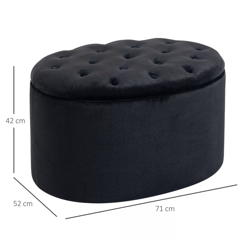 Sėdimoji su daiktų laikymo vieta, apmušta velvetu, ovalo formos, skirta svetainėms, miegamiesiems, prieškambariams, 71 x 52 x 42 cm, juoda