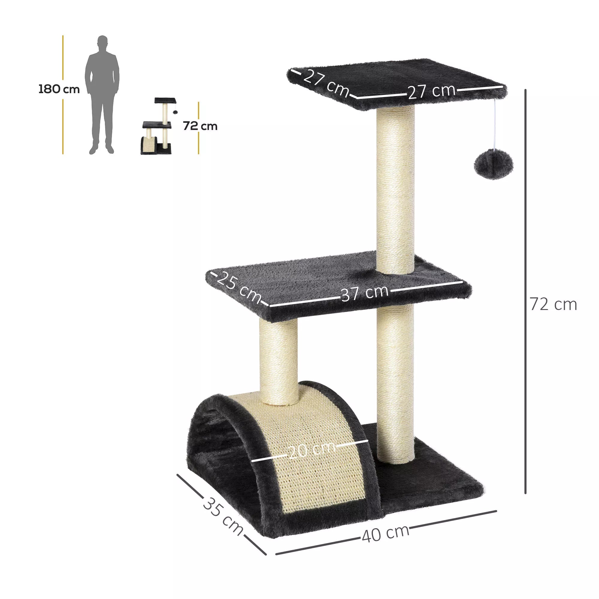 Kačių draskyklė 72 cm su stulpais ir platforma, pilka