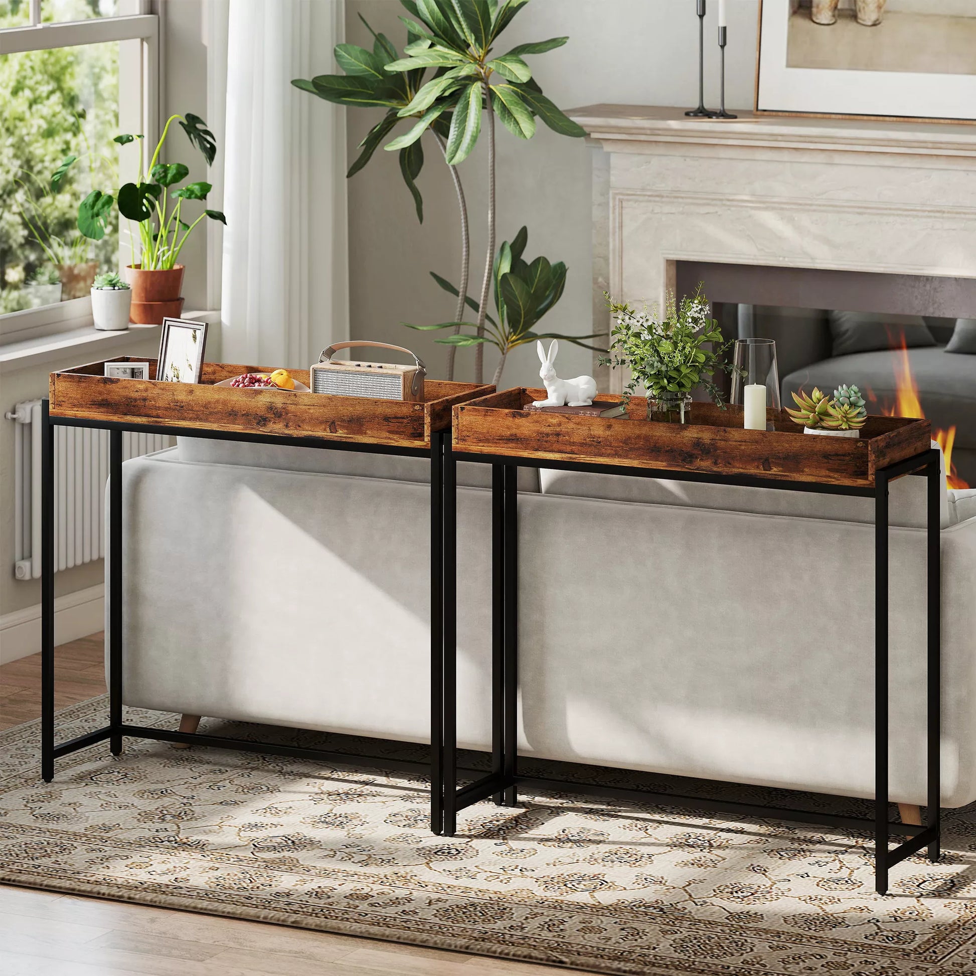 Koridoriaus stalas, siauras konsolinis stalas, metalas, medžio drožlių plokštė, rusvi