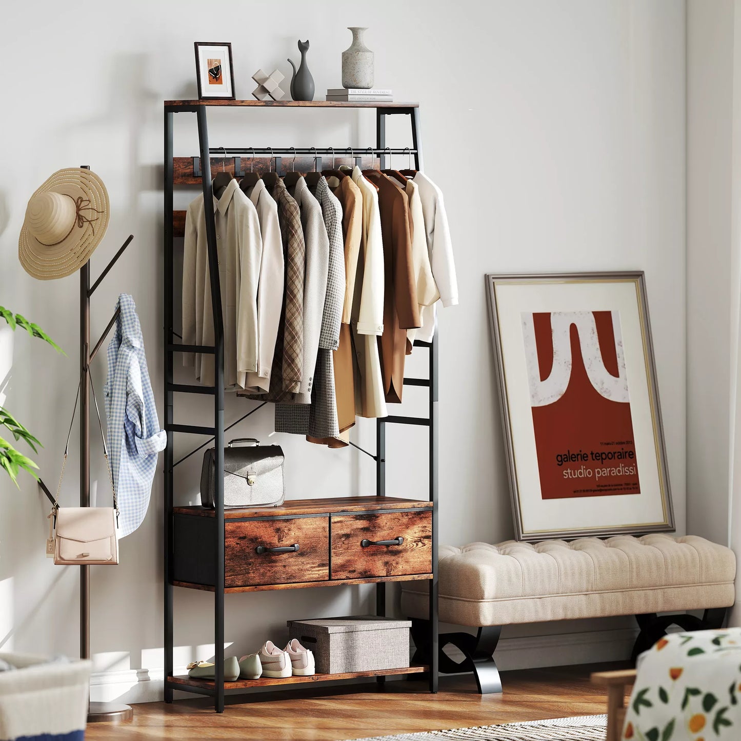 Drabužių kabykla su batų lentyna, palto stovas su suoliuku, 10 kabliukų, 2 audinių stalčiai, drabužių strypas, medžio drožlių plokštė, metalas, ruda