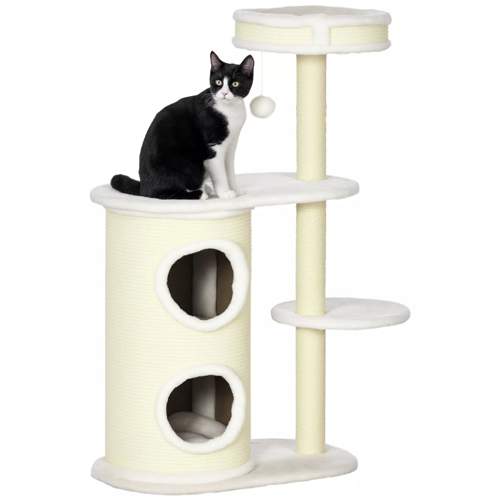 Kratzbaum su Kratztonne, 1 Katzenbett ir Katzenspielzeug, 59 cm x 35 cm x 100 cm, Cremeweiß