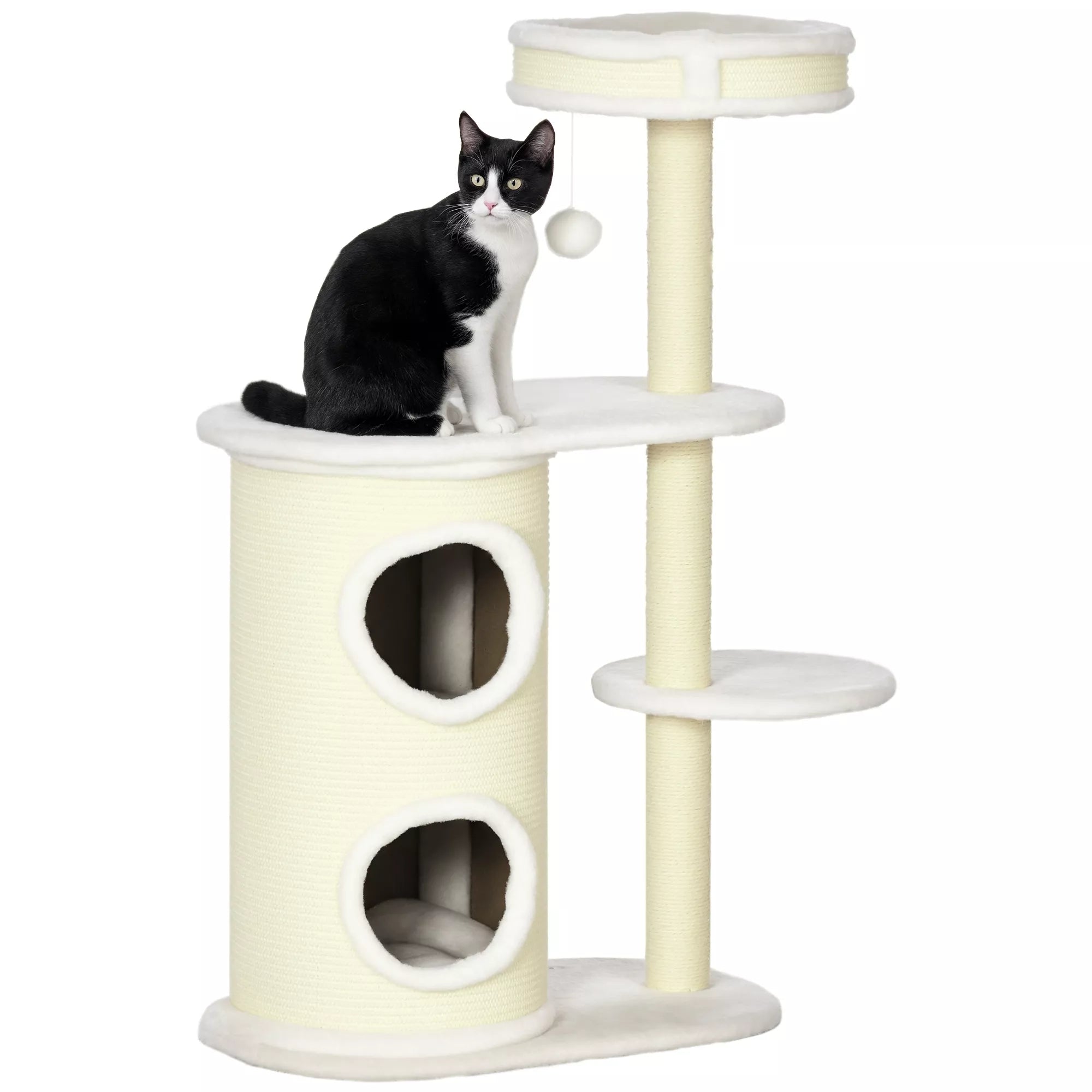 Kratzbaum su Kratztonne, 1 Katzenbett ir Katzenspielzeug, 59 cm x 35 cm x 100 cm, Cremeweiß