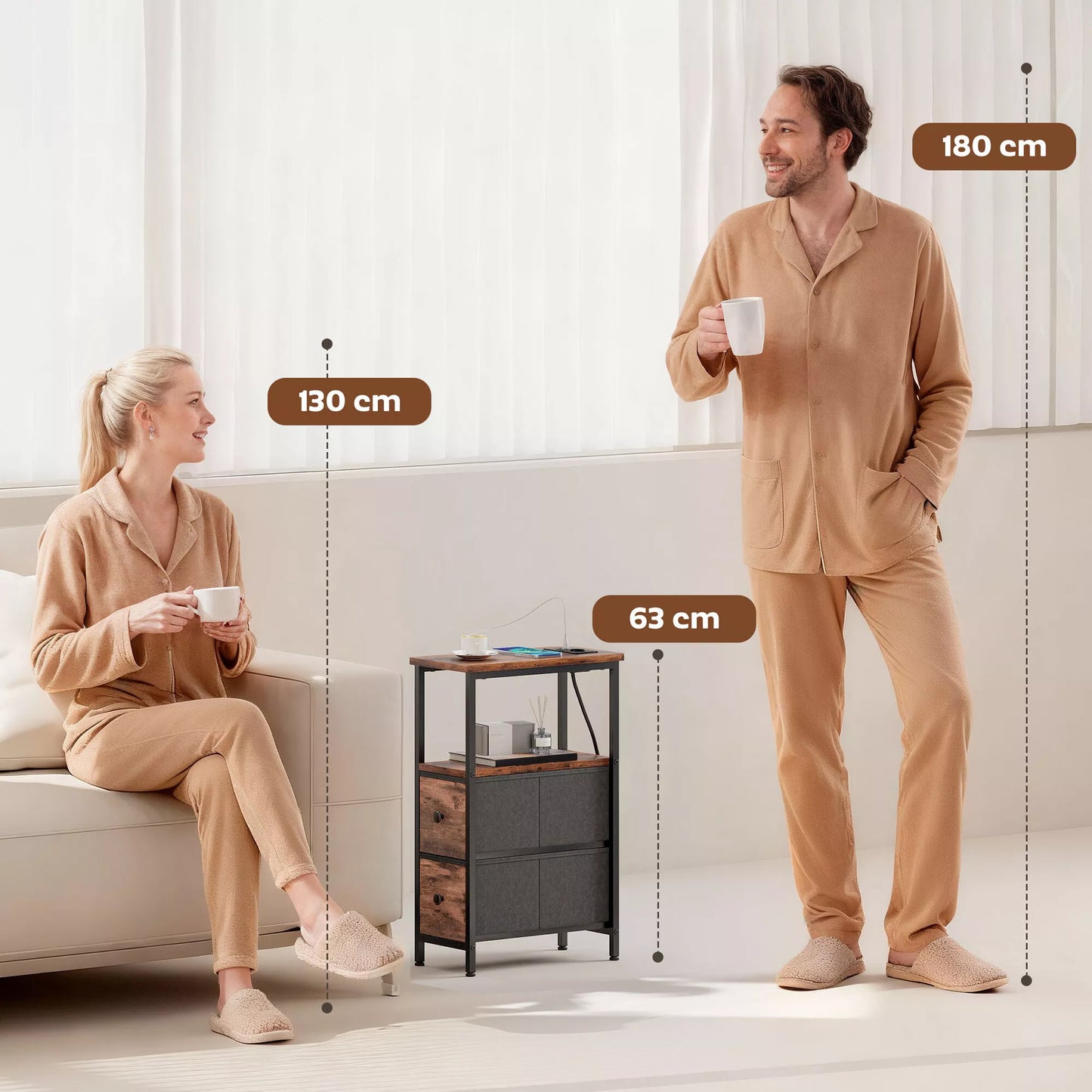 Staliukas su įkrovimo stotele, plieninis rėmas, 2 audinio stalčiai, atvira dėžė, 20 cm x 40 cm x 63 cm, rusvi