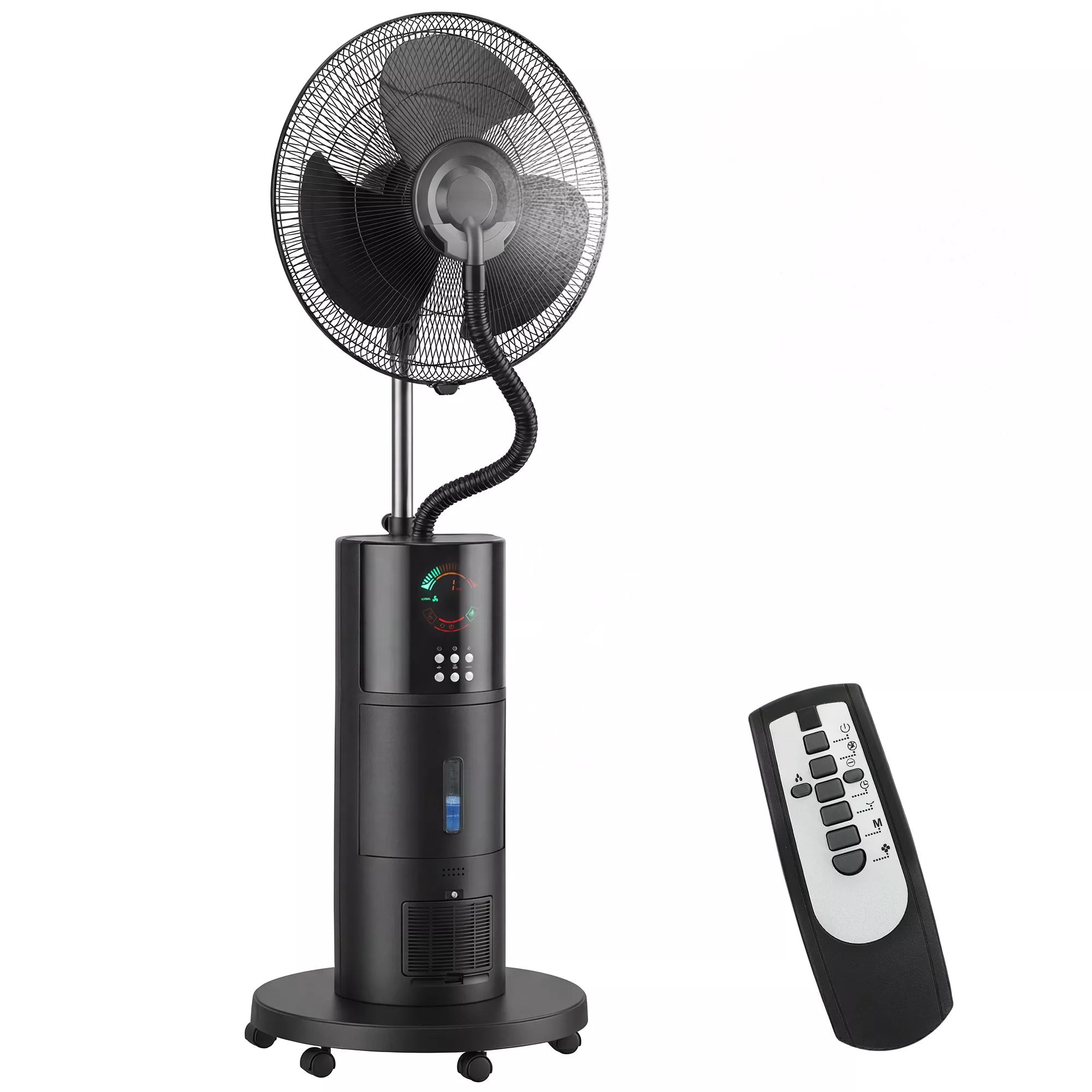 4-in-1 stovas ventiliatorius su vandens rūko funkcija, oro valytuvu, apsauga nuo uodų, 9 valandų laikmačiu, 3 režimais ir nuotolinio valdymo pultu, juodos spalvos