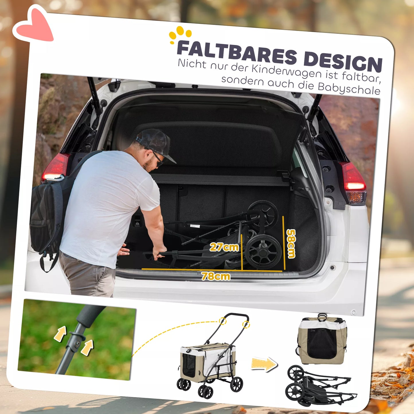 Šunų vežimėlis augintiniams, sulankstomas, su nuimamu krepšiu, 81 x 58 x 97,5 cm, juoda+chaki+balta