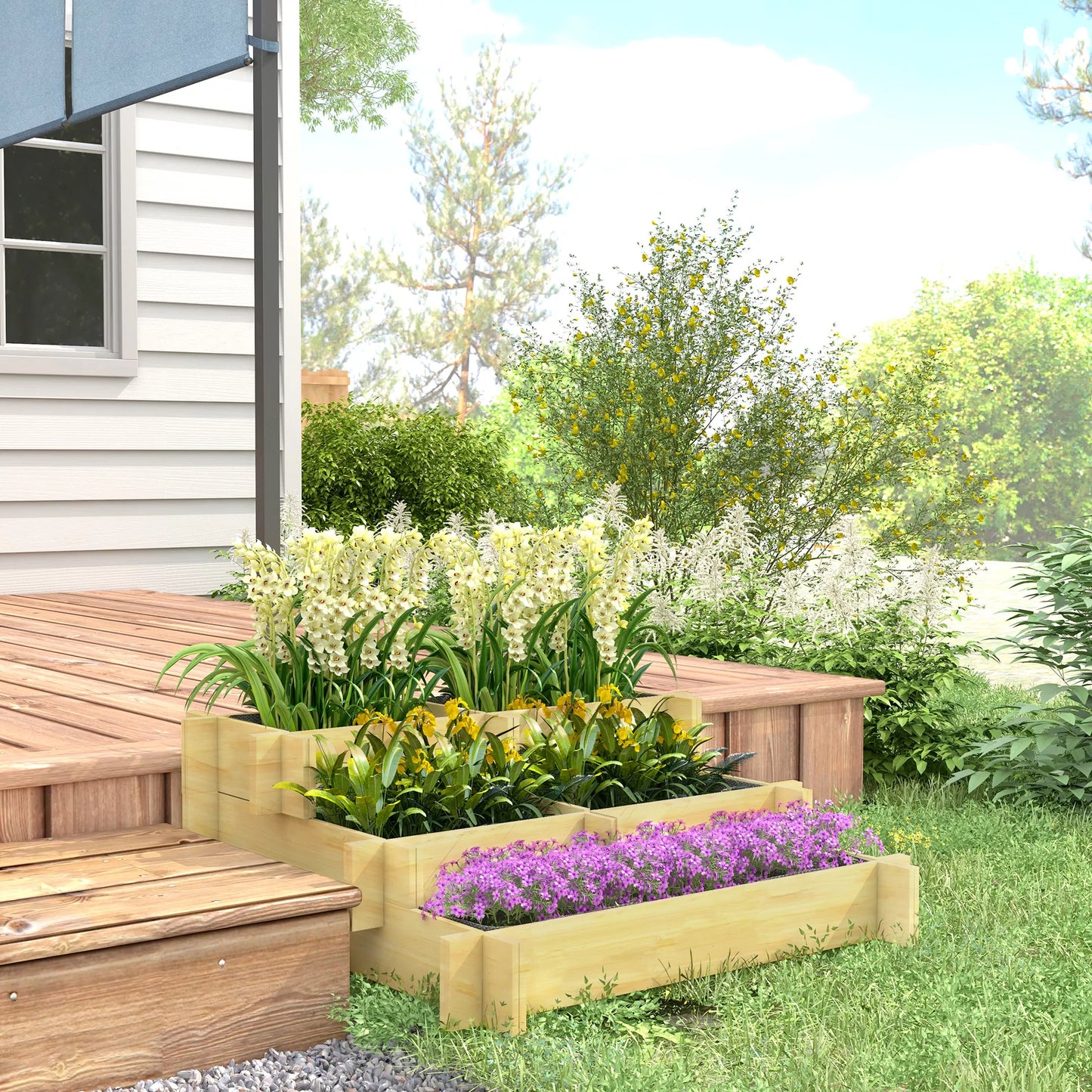 Paaukštinta lysvė, gėlių dėžė, 3 pakopų, su drenažo anga, su audinio pamušalu, natūrali mediena, 93 x 93 x 35 cm