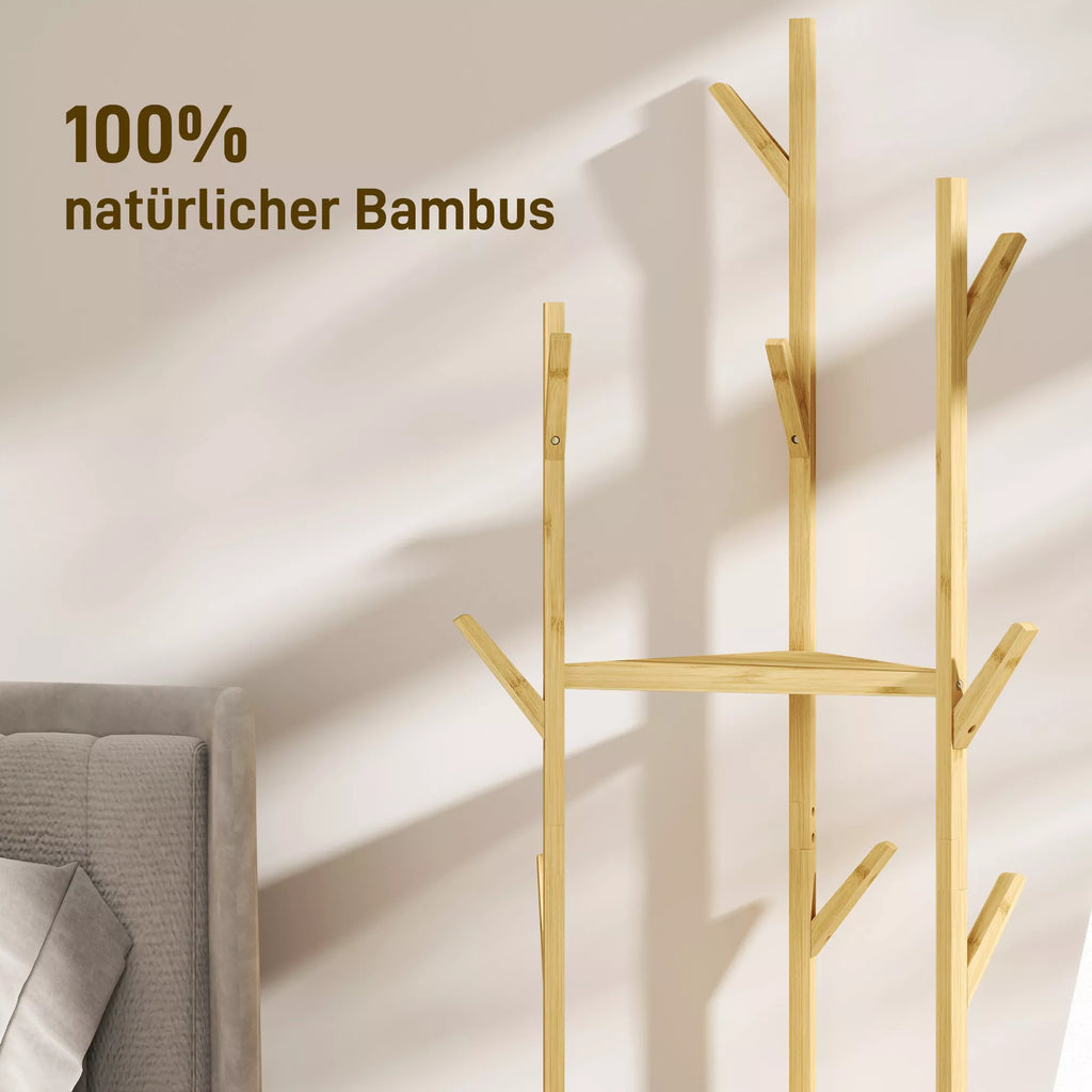 Drabužių stovas, bambuko medžio drabužių stovas, 9 kabliai, 3 lentynos, natūralus