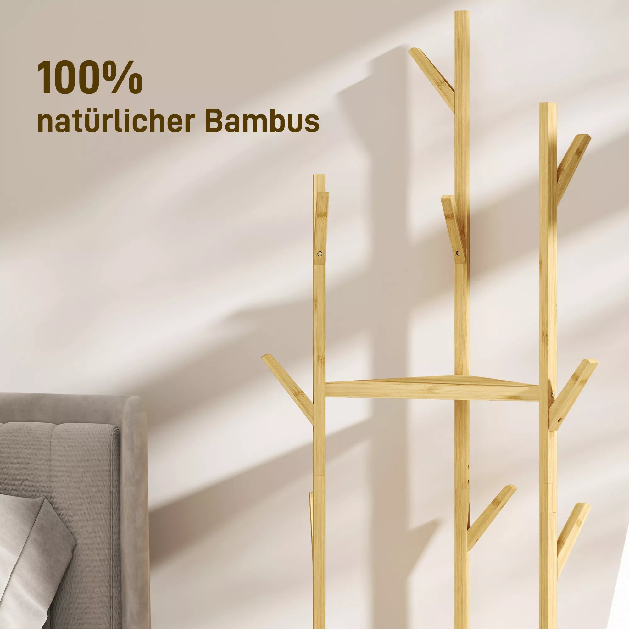 Drabužių stovas, bambuko medžio drabužių stovas, 9 kabliai, 3 lentynos, natūralus